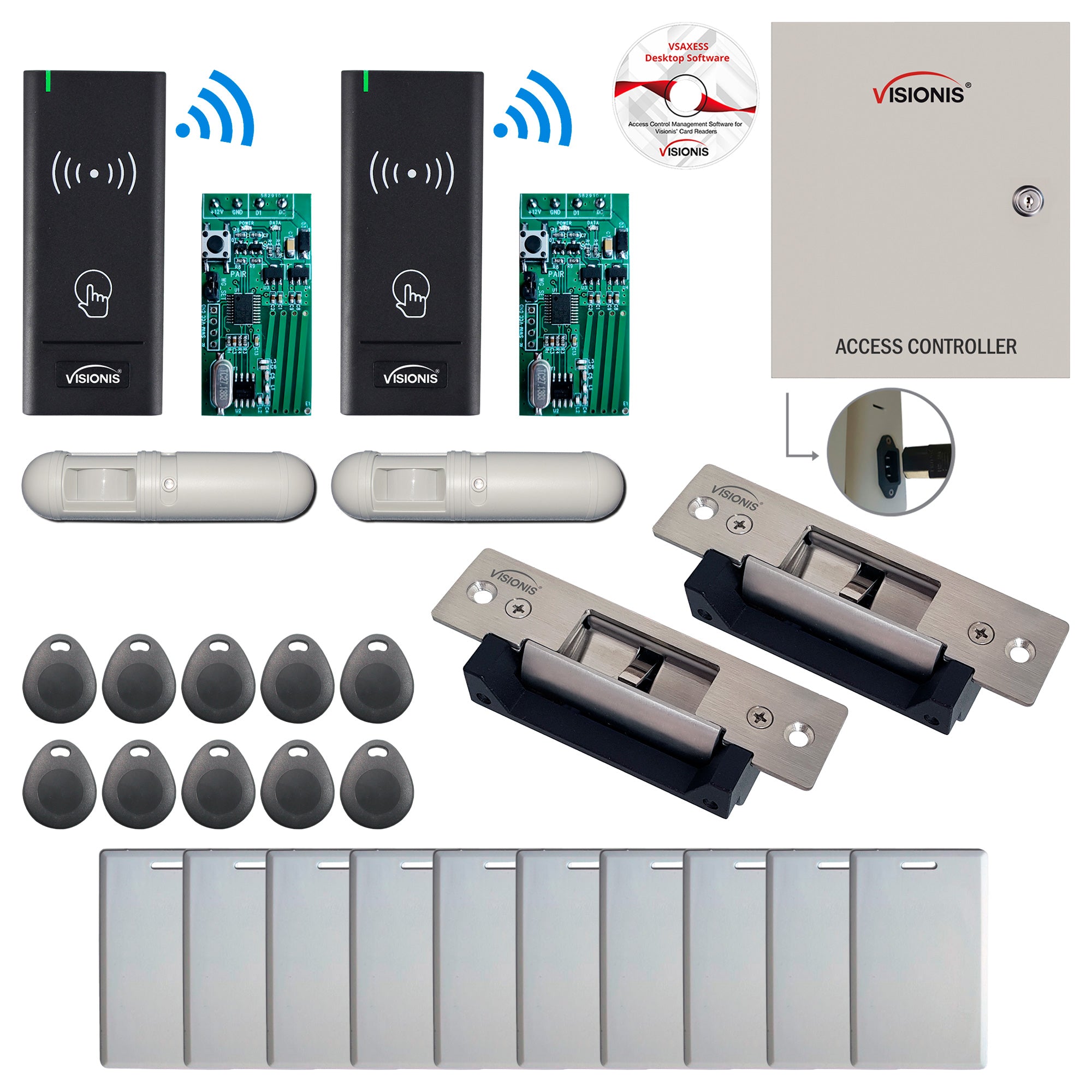 FPC-8985 2 Door Access Control Time Attendance TCP/IP RS485 Wiegand Controller Box + Electric Strike Fail Safe Fail Secure + Outdoor Wireless Card Reader + Wireless Receiver PCB + PIR Motion Detector