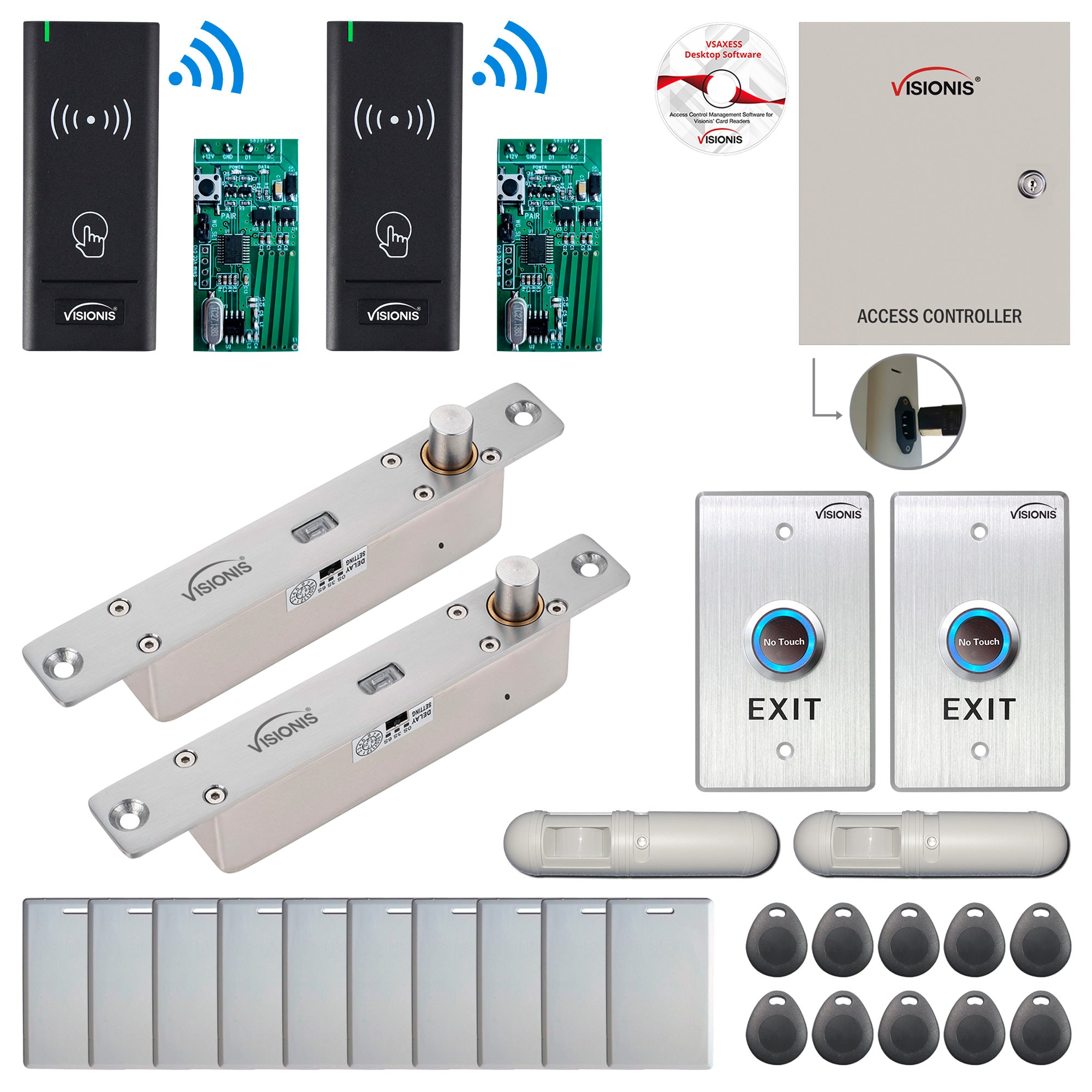 FPC-8986 2 Door Access Control Time Attendance TCP/IP RS485 Wiegand Controller Box + Electric Drop Bolt with Time Delay Fail Secure + Wireless Card Reader + Wireless Receiver PCB + Motion Detector