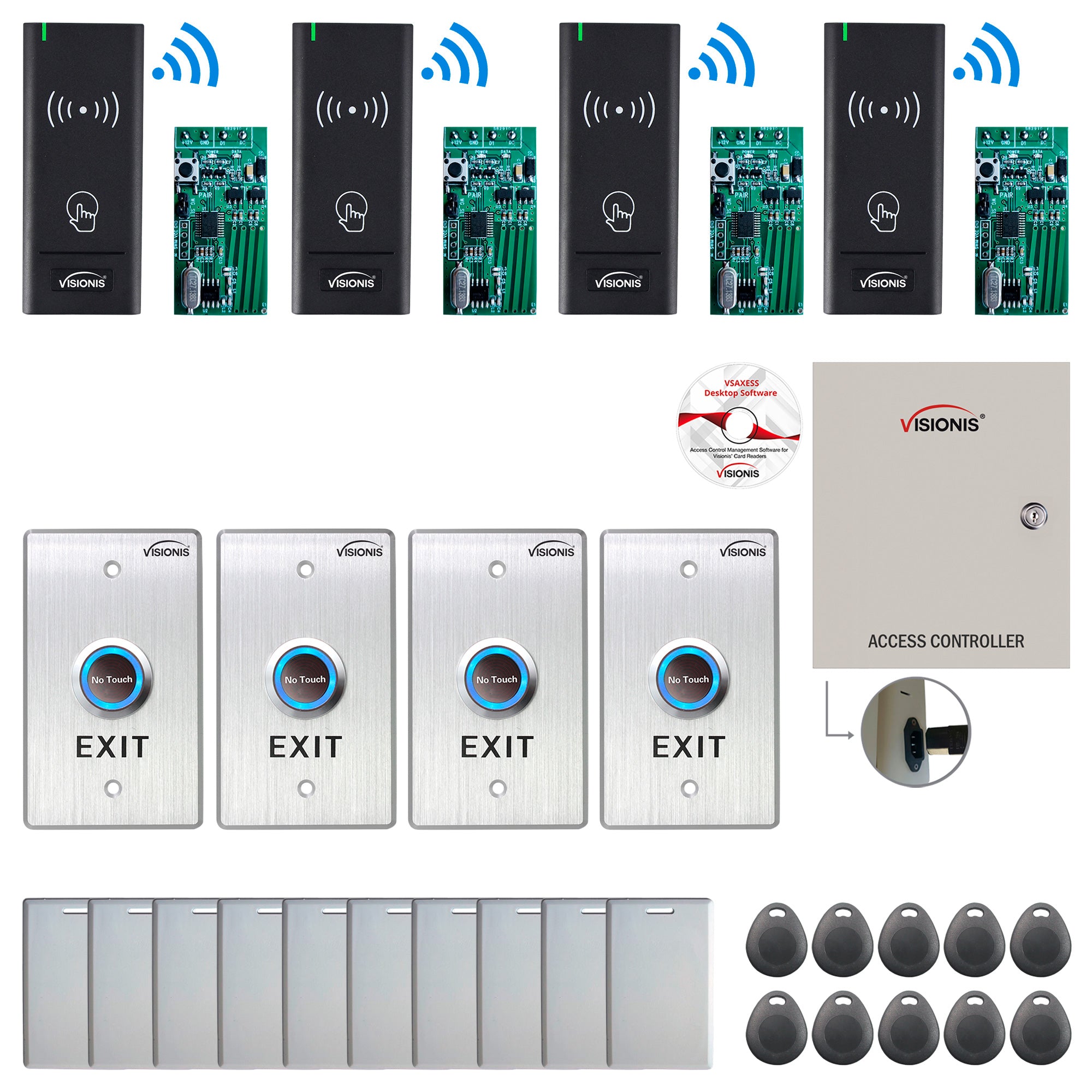 FPC-8995 Four Door Access Control Time Attendance TCP/IP RS485 Wiegand Controller Box + Power Supply Included + Outdoor Wireless Card Reader + Wireless Receiver PCB + Computer Based Software Included