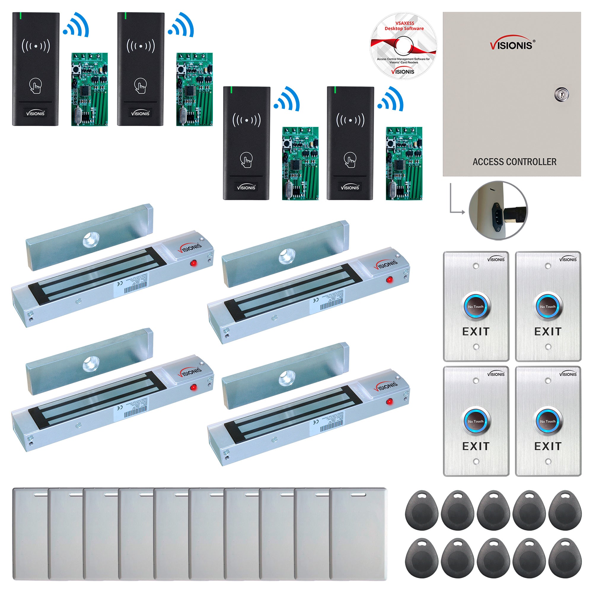 FPC-8996 4 Door Access Control Time Attendance TCP/IP RS485 Wiegand Controller Box + Out Swinging Door 300lbs Maglock + Wireless Card Reader + Wireless Receiver PCB + Computer Based Software Included