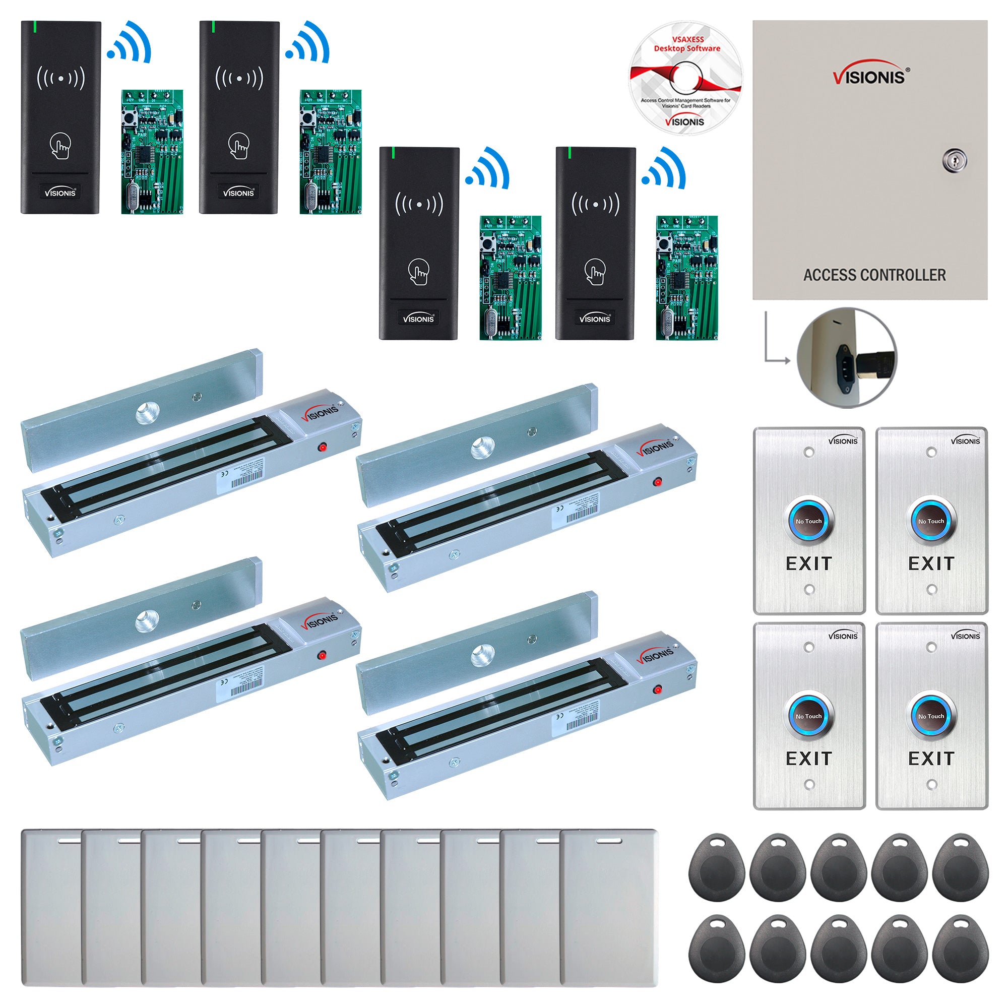 FPC-8997 4 Door Access Control Time Attendance TCP/IP RS485 Wiegand Controller Box + Out Swinging Door 600lbs Maglock + Wireless Card Reader + Wireless Receiver PCB + Computer Based Software Included