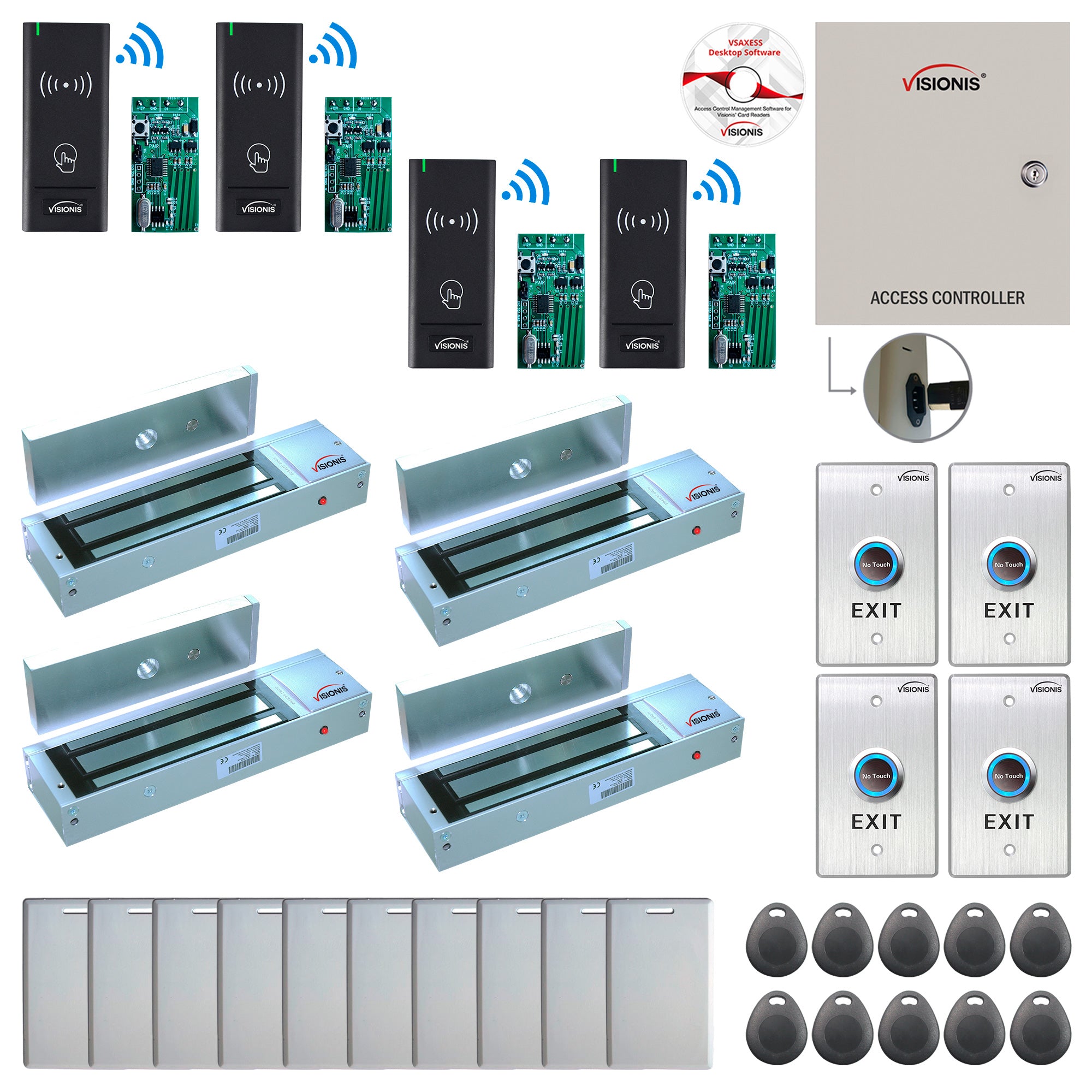 FPC-8998 4 Door Access Control Time Attendance TCP/IP RS485 Wiegand Controller Box + Out Swinging Door 1200lb Maglock + Wireless Card Reader + Wireless Receiver PCB + Computer Based Software Included