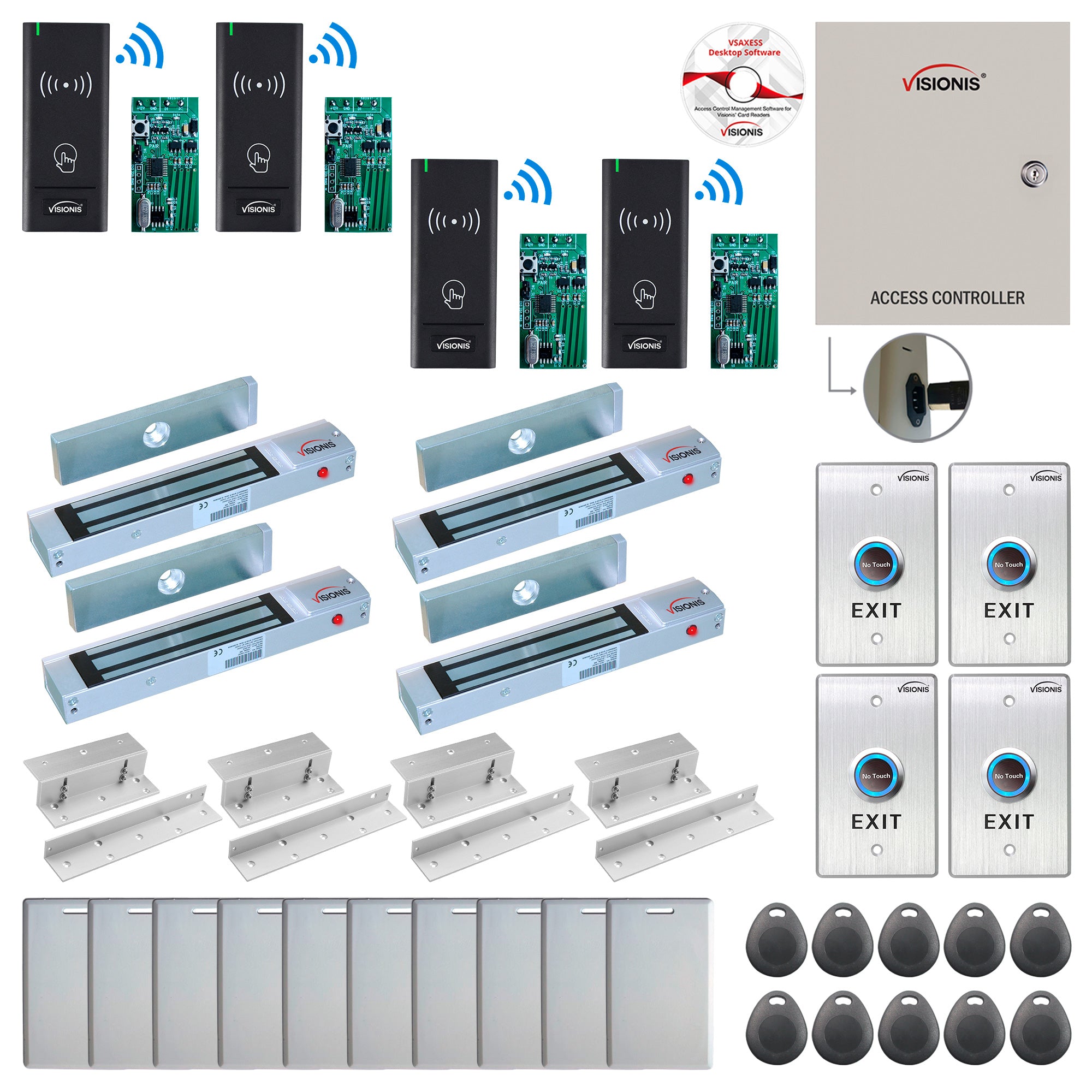 FPC-8999 4 Door Access Control Time Attendance TCP/IP RS485 Wiegand Controller Box + In Swinging Door 300lbs Maglock + Wireless Card Reader + Wireless Receiver PCB + Computer Based Software Included