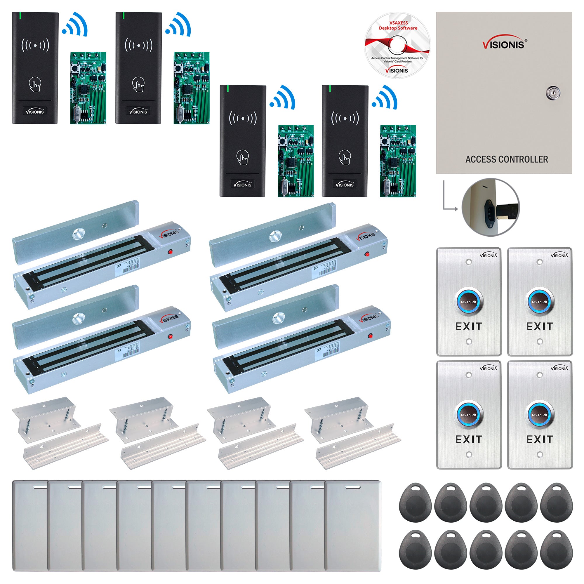 FPC-9000 4 Door Access Control Time Attendance TCP/IP RS485 Wiegand Controller Box + In Swinging Door 600lbs Maglock + Wireless Card Reader + Wireless Receiver PCB + Computer Based Software Included