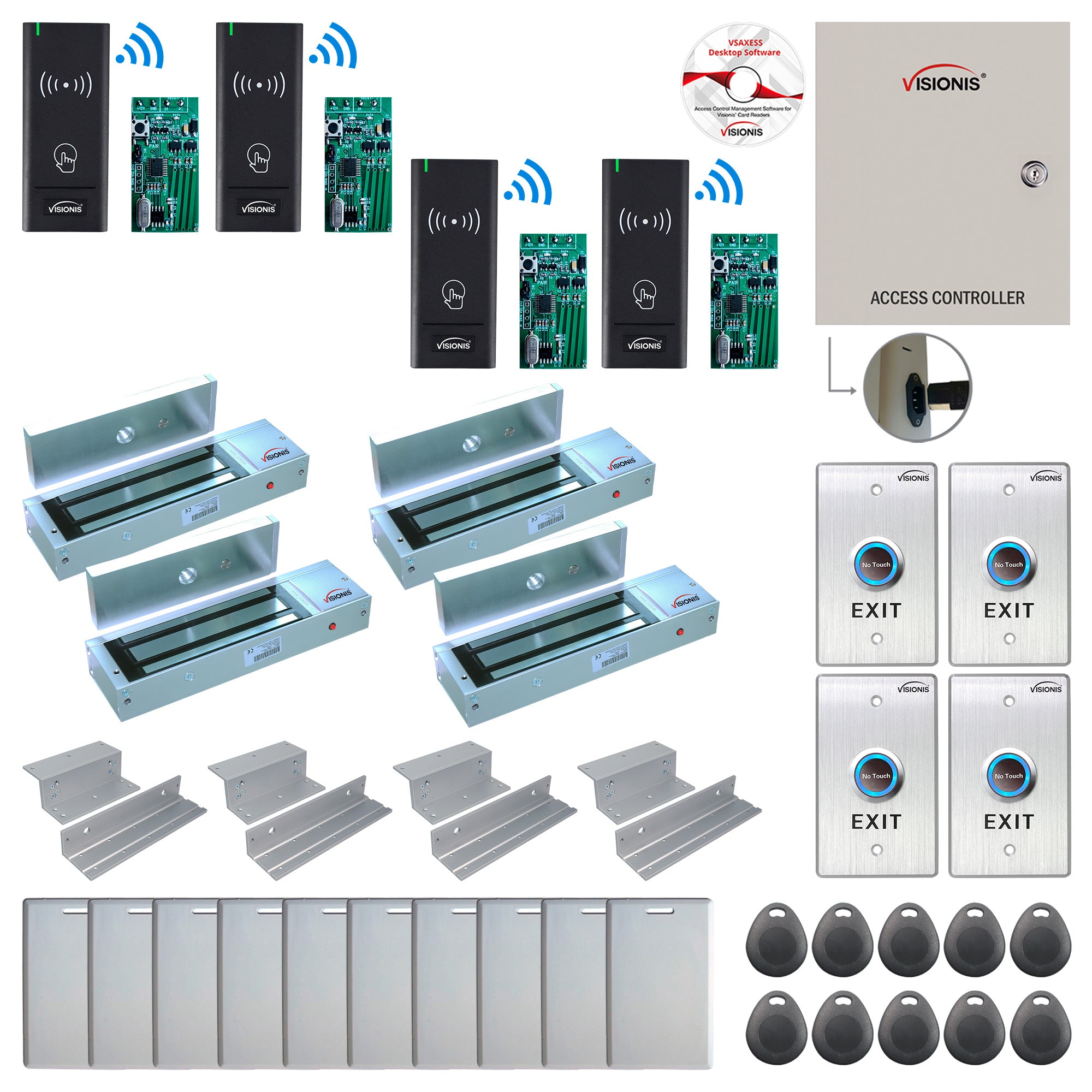 FPC-9001 4 Door Access Control Time Attendance TCP/IP RS485 Wiegand Controller Box + In Swinging Door 1200lb Maglock + Wireless Card Reader + Wireless Receiver PCB + Computer Based Software Included