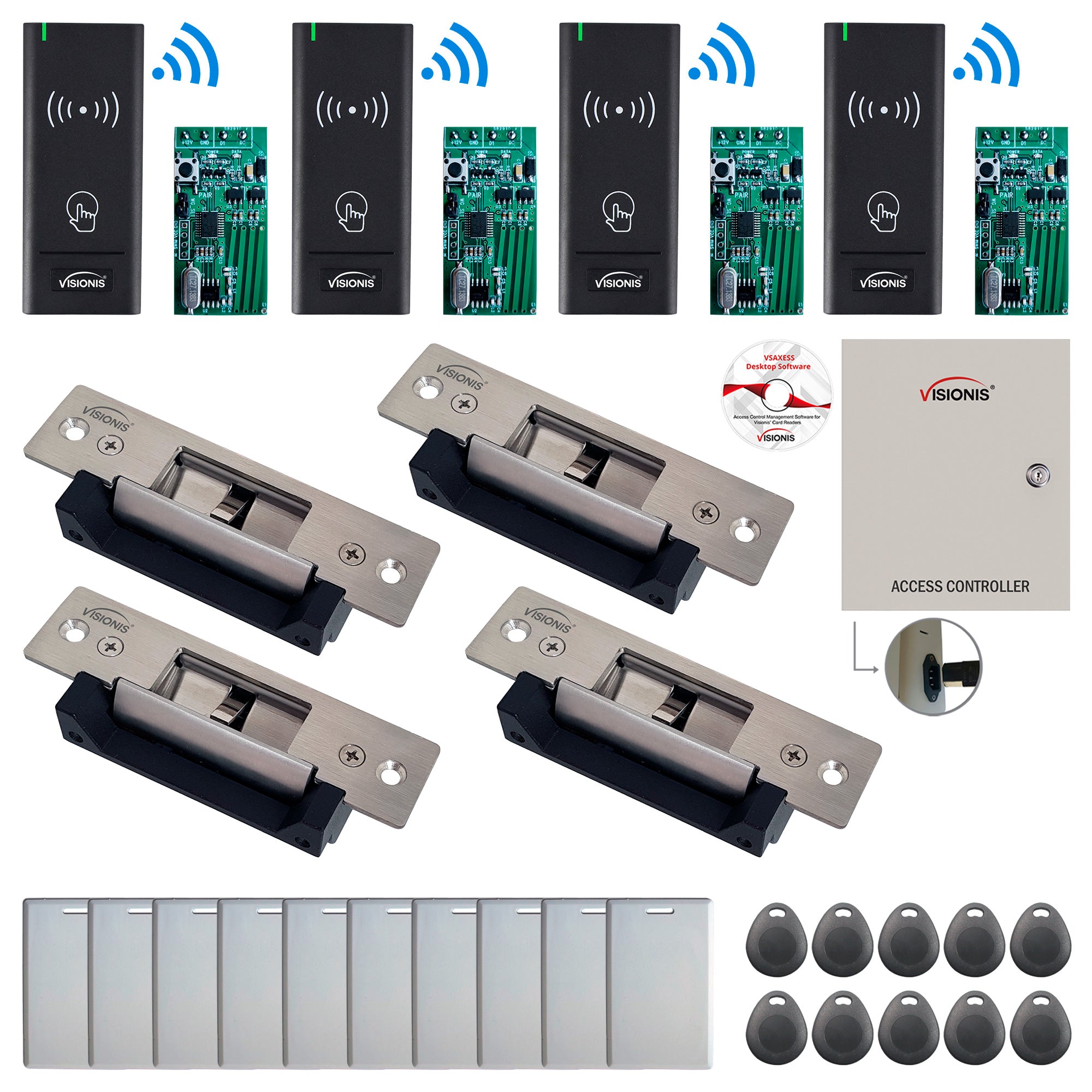 FPC-9002 Four Door Access Control Time Attendance TCP/IP RS485 Wiegand Controller Box + Electric Strike Fail Safe Fail Secure + Wireless Card Reader + Wireless Receiver PCB + Software Included Kit