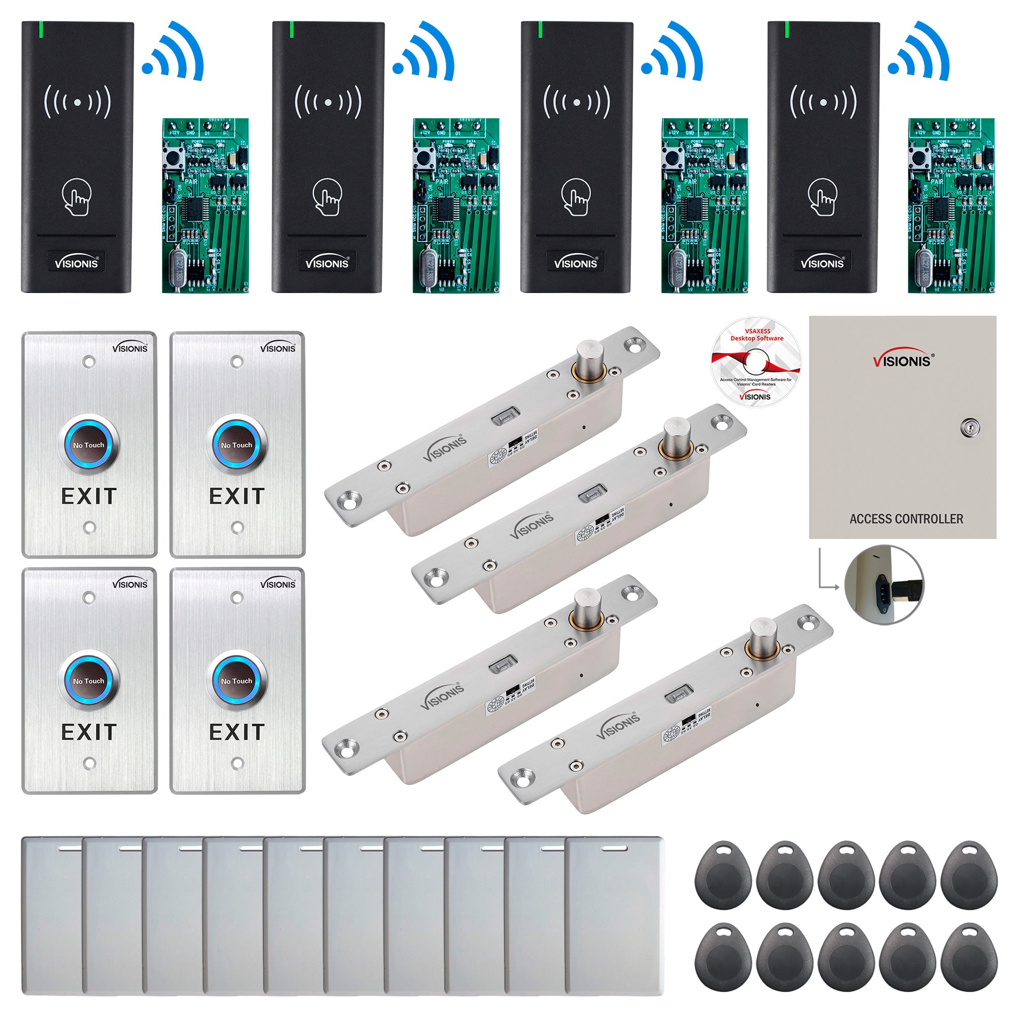 FPC-9003 4 Door Access Control Time Attendance TCP/IP RS485 Wiegand Controller Box + Electric Drop Bolt with Time Delay Fail Secure + Wireless Card Reader + Wireless Receiver PCB + Software Included