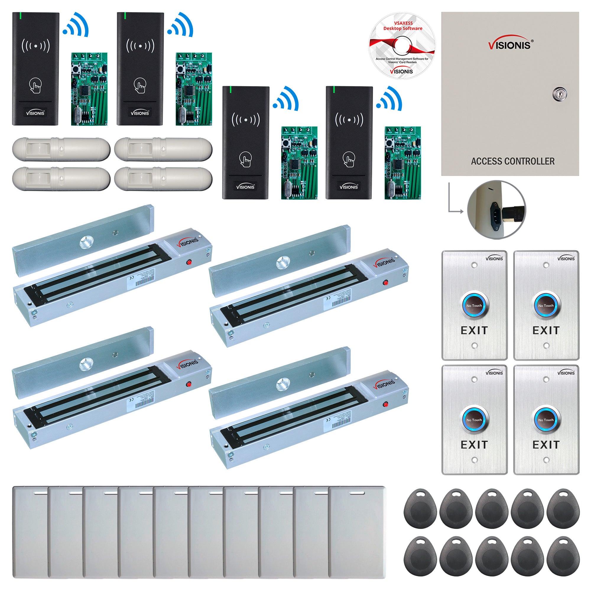 FPC-9005 Four Door Access Control Time Attendance TCP/IP RS485 Wiegand Controller Box + Out Swinging Door 600lbs Maglock + Outdoor Wireless Card Reader + Wireless Receiver PCB + PIR Motion Detector