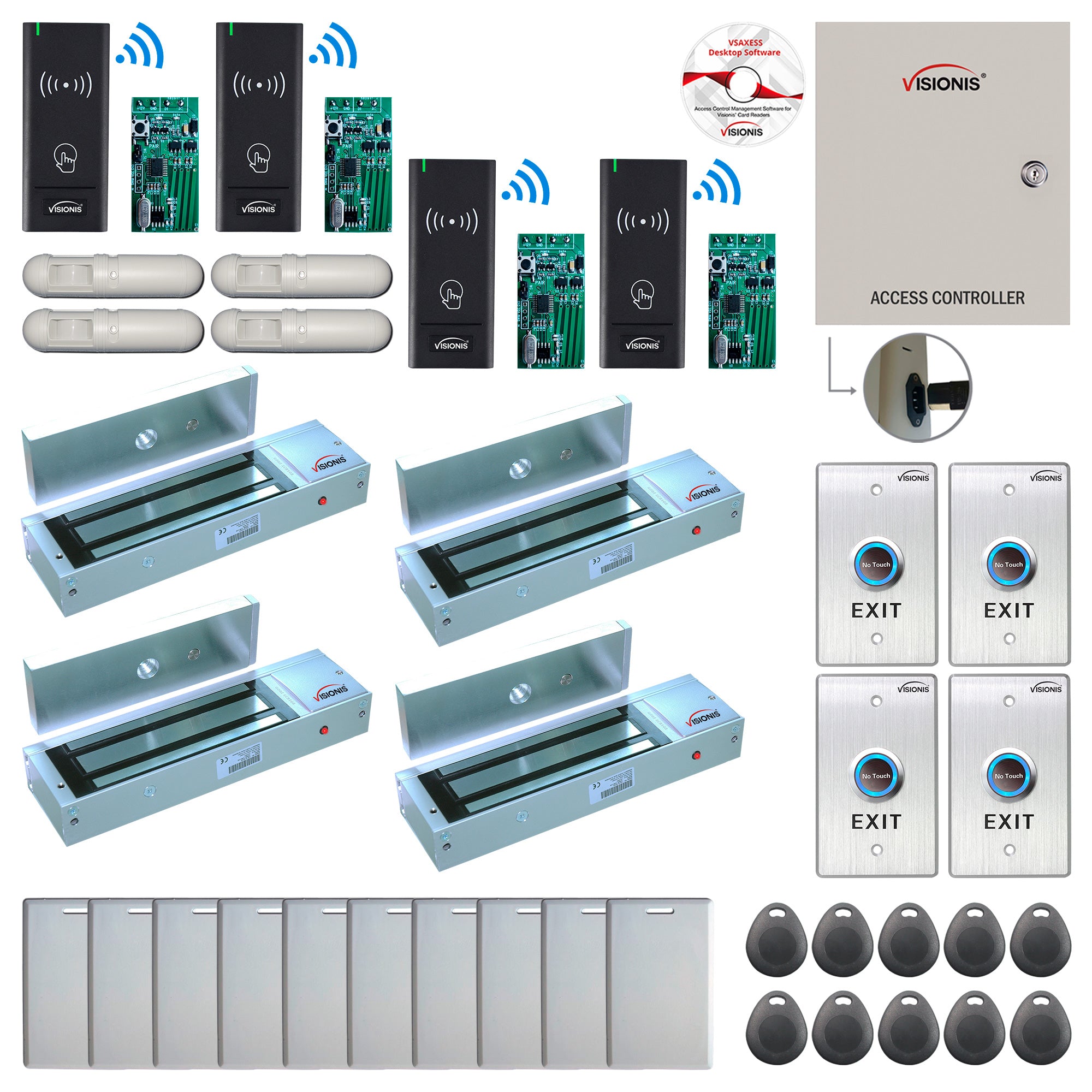 FPC-9006 Four Door Access Control Time Attendance TCP/IP RS485 Wiegand Controller Box + Out Swinging Door 1200lbs Maglock + Outdoor Wireless Card Reader + Wireless Receiver PCB + PIR Motion Detector