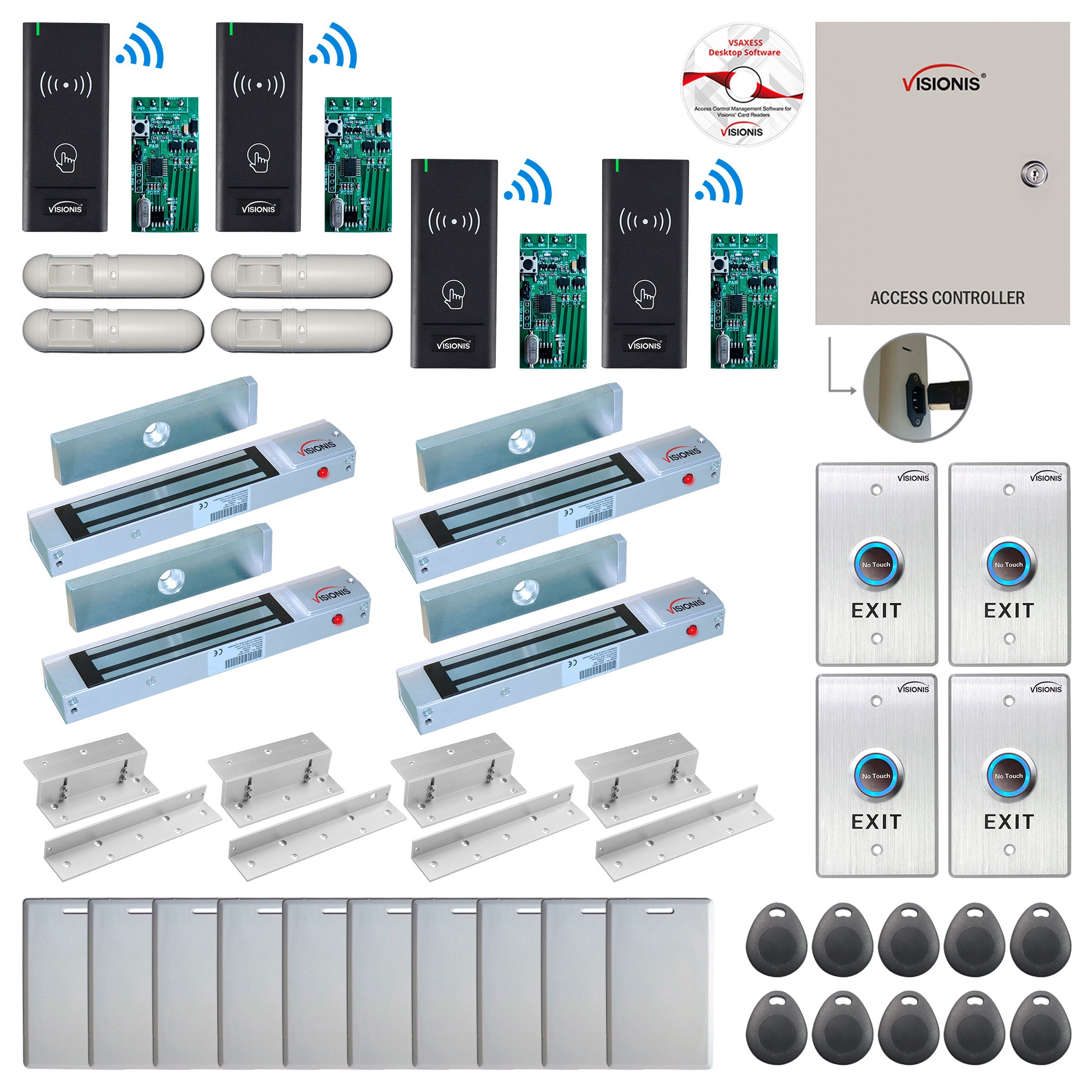 FPC-9007 Four Door Access Control Time Attendance TCP/IP RS485 Wiegand Controller Box + In Swinging Door 300lbs Maglock + Outdoor Wireless Card Reader + Wireless Receiver PCB + PIR Motion Detector