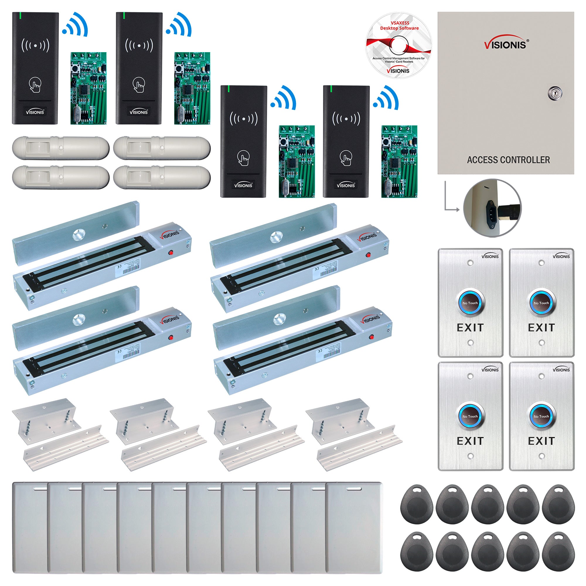 FPC-9008 Four Door Access Control Time Attendance TCP/IP RS485 Wiegand Controller Box + In Swinging Door 600lbs Maglock + Outdoor Wireless Card Reader + Wireless Receiver PCB + PIR Motion Detector