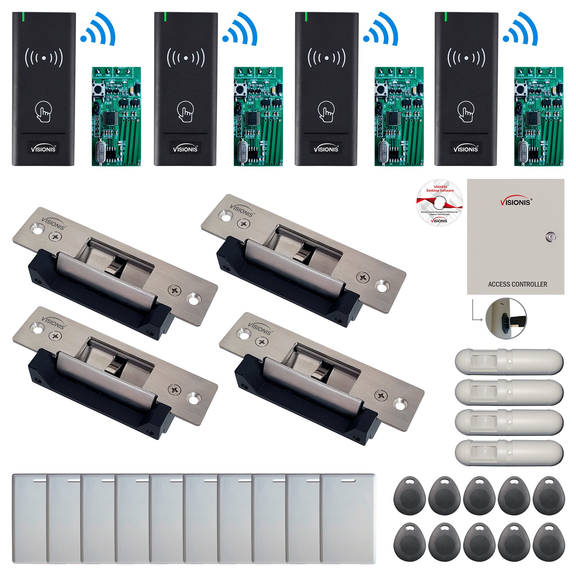 FPC-9010 4 Door Access Control Time Attendance TCP/IP RS485 Wiegand Controller Box + Electric Strike Fail Safe Fail Secure + Outdoor Wireless Card Reader + Wireless Receiver PCB + PIR Motion Detector