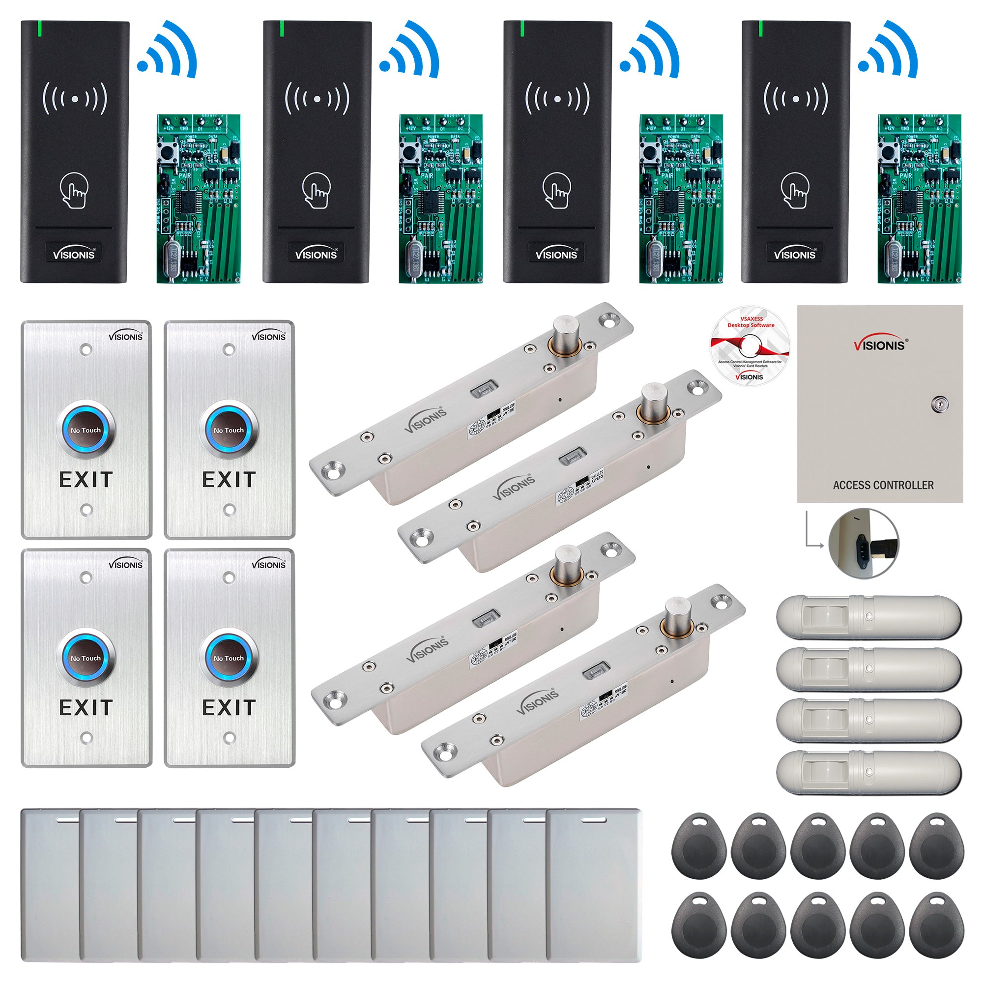 FPC-9011 Four Door Access Control Time Attendance TCP/IP RS485 Wiegand Controller Box + Electric Drop Bolt Fail Secure + Outdoor Wireless Card Reader + Wireless Receiver PCB + PIR Motion Detector