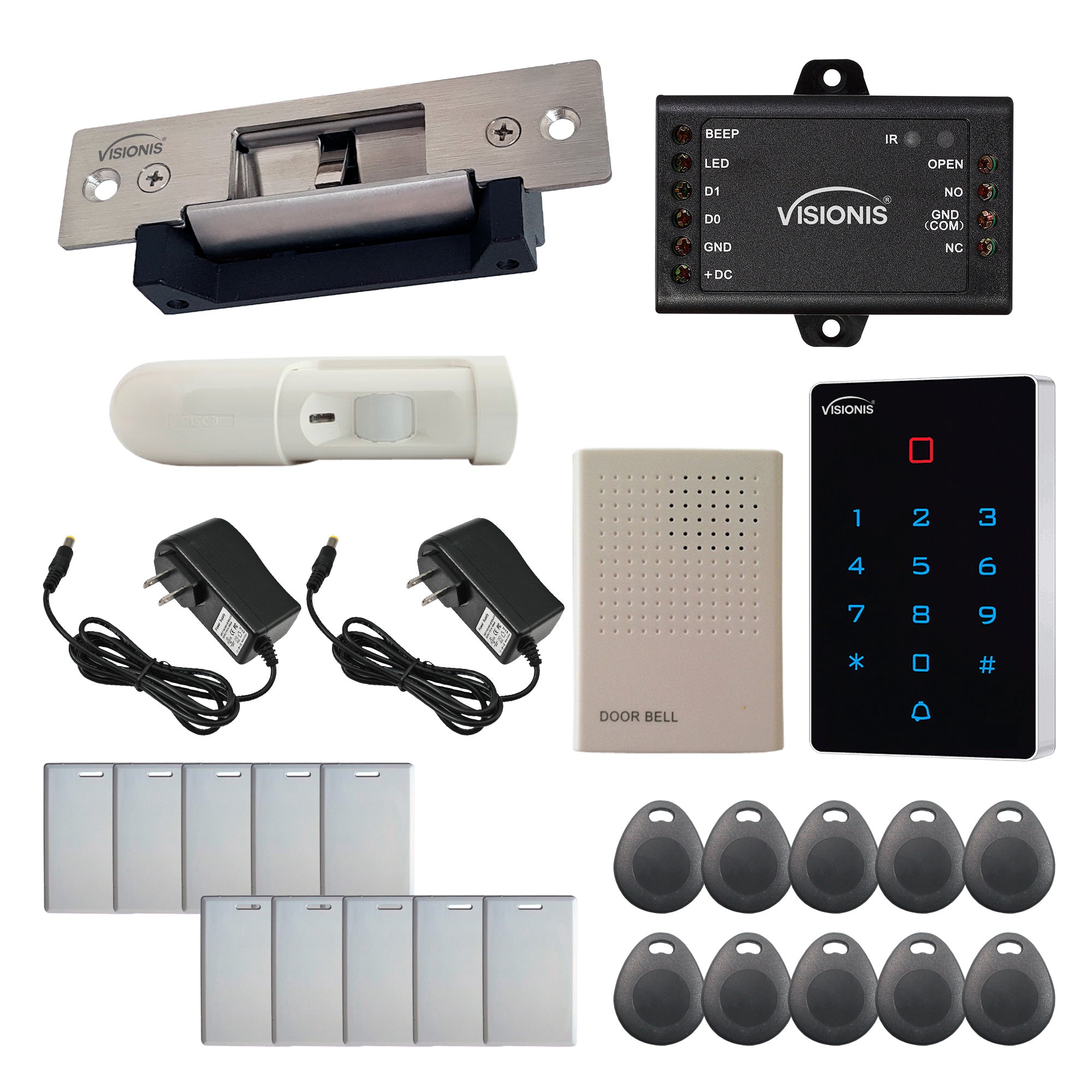 Visionis FPC-9096 One Door Access Control 770lbs Electric Strike Fail Safe And Fail Secure Adjustable +  WIFI Indoor Outdoor Keypad Reader Standalone with Mini Controller + Wiegand 26 + PIR Kit