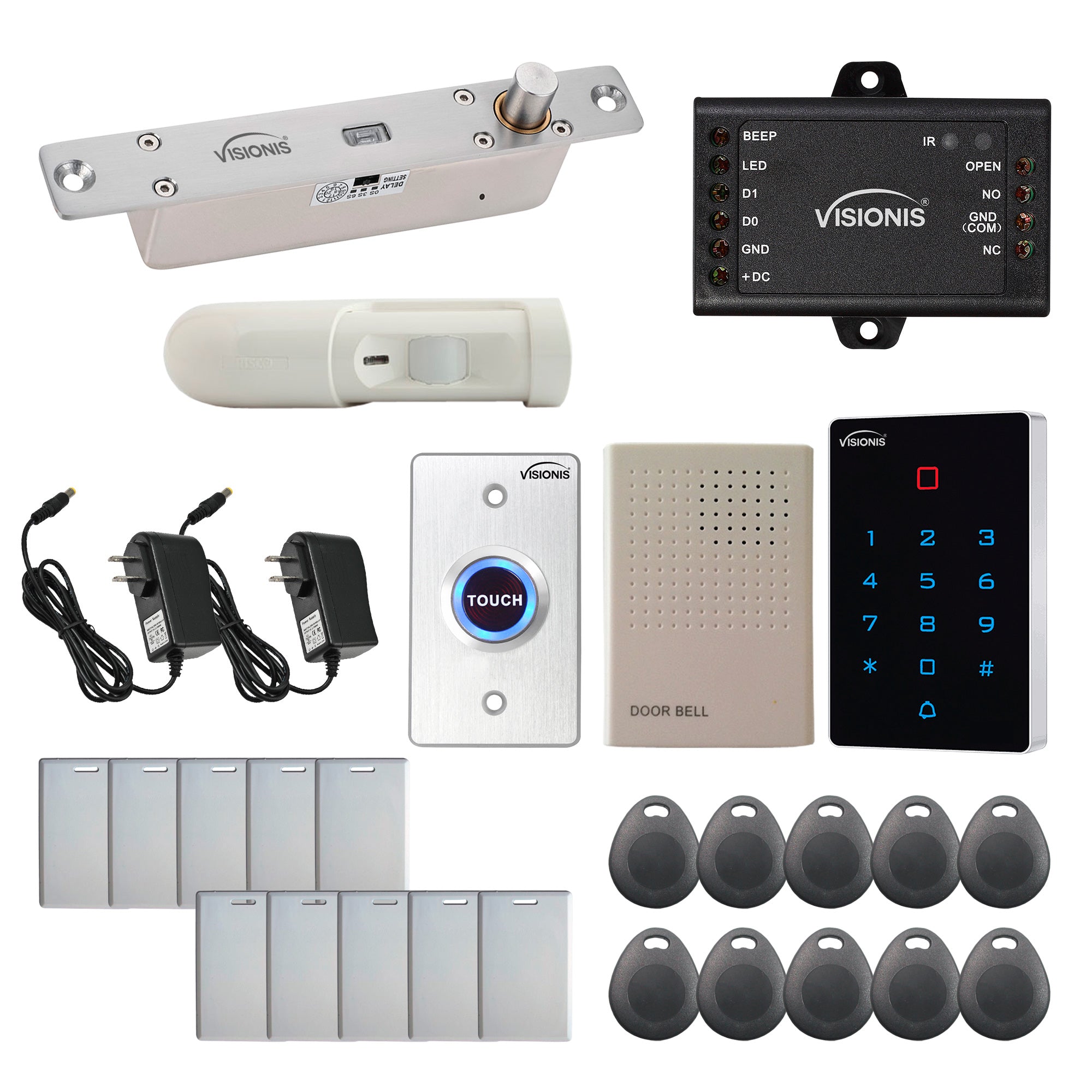 FPC-9097 One Door Access Control 2,600lbs Electric Drop Bolt With Time Delay Fail Secure + VIS-3025 WIFI Indoor Outdoor Keypad Reader Standalone with Mini Controller + Wiegand 26, EM Card + PIR Kit