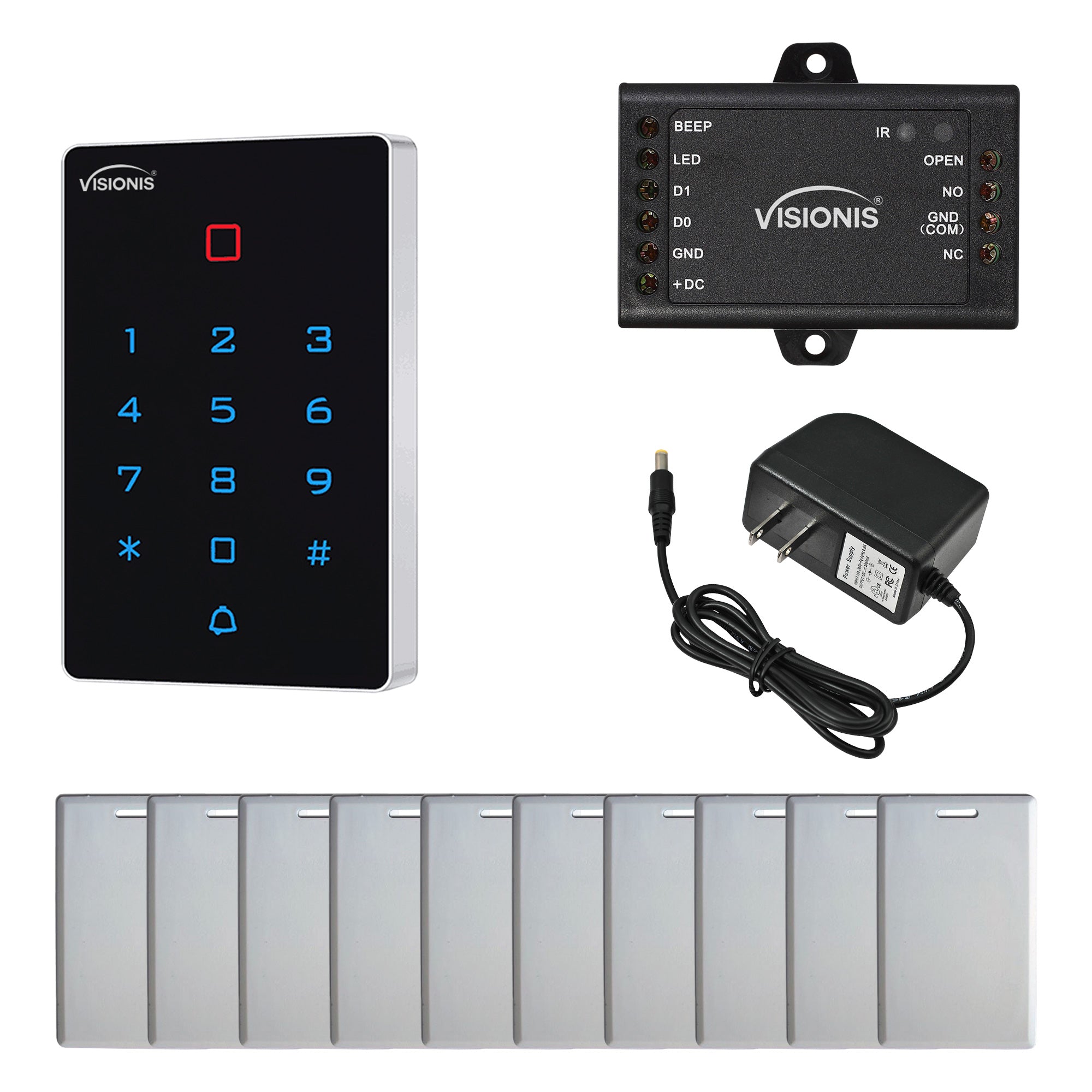 FPC-9108 Visionis VIS-3025 Access Control Indoor Outdoor Weatherproof WIFI Keypad + Card Reader Standalone with Mini Controller + Wiegand 26 + 125 kHz EM Card + Power Supply + Pack 10 Proximity Cards