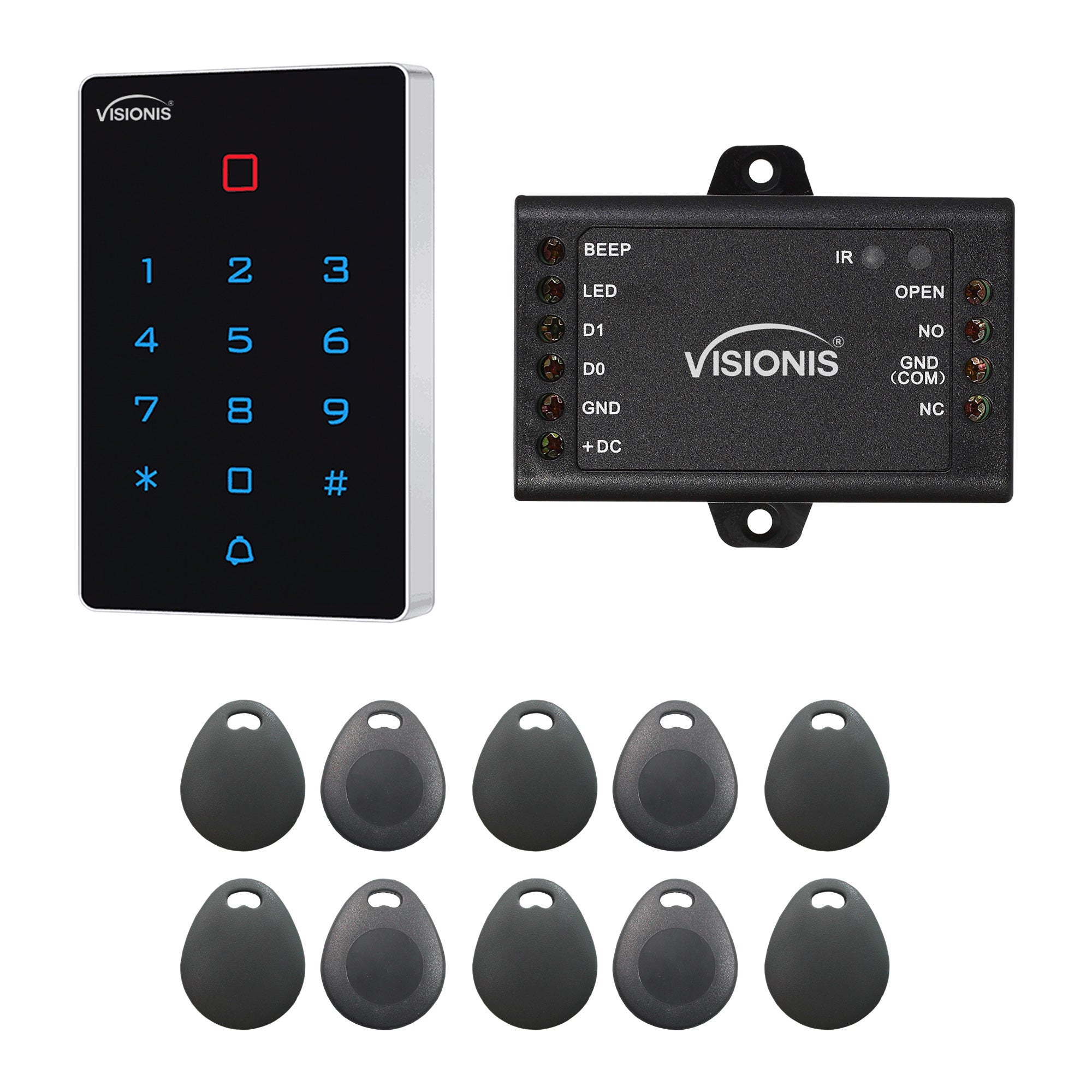 FPC-9109 Visionis VIS-3025 Access Control Indoor Outdoor WIFI Keypad + Card Reader Standalone with Mini Controller + Wiegand 26 + 125 kHz EM Cards With Doorbell + Pack of 10 Proximity Key Tags