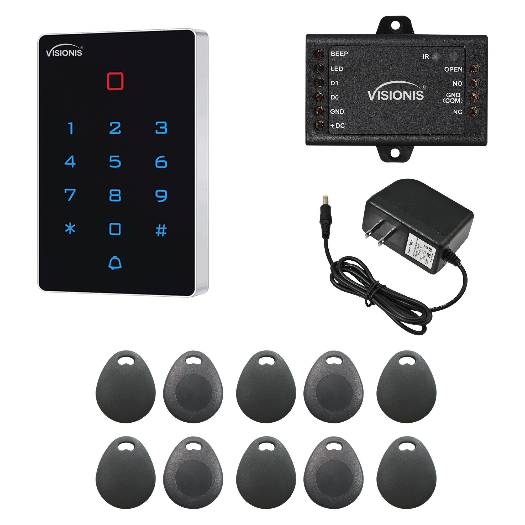 Standalone Access Control Keypad and Card Reader VIS-3025. Access via WIFI with Mobile APP. Weatherproof. Wiegand 26 + Mini Controller + Pack of 10 Proximity Key Tags + Power Supply - FPC-9110