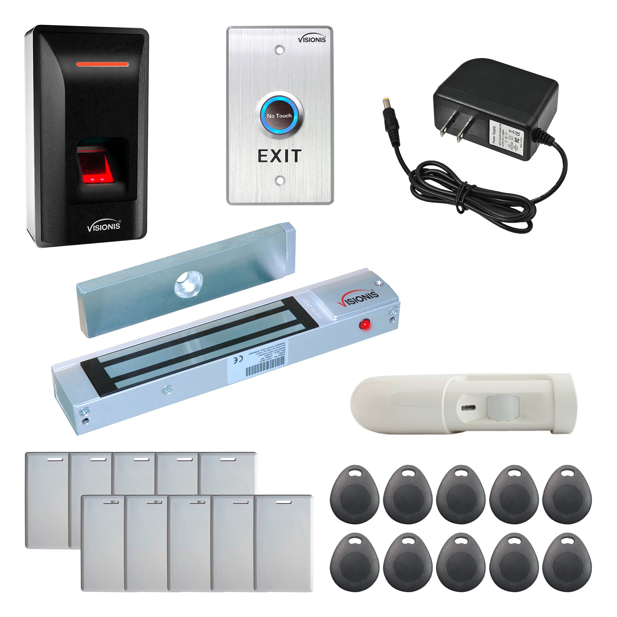 FPC-9246 1 Door Access Control Out Swinging Door 300lbs Maglock + VIS-3031 Indoor Biometric Fingerprint Reader Standalone + Wiegand 26, No Software, 3000 EM Cards and Fingerprints + Motion Detector