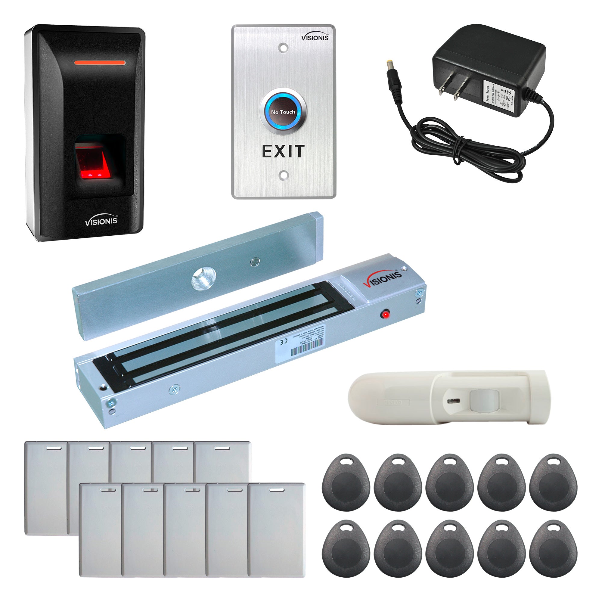 FPC-9247 1 Door Access Control Out Swinging Door 600lbs Maglock + VIS-3031 Indoor Biometric Fingerprint Reader Standalone + Wiegand 26, No Software, 3000 EM Cards and Fingerprints + Motion Detector