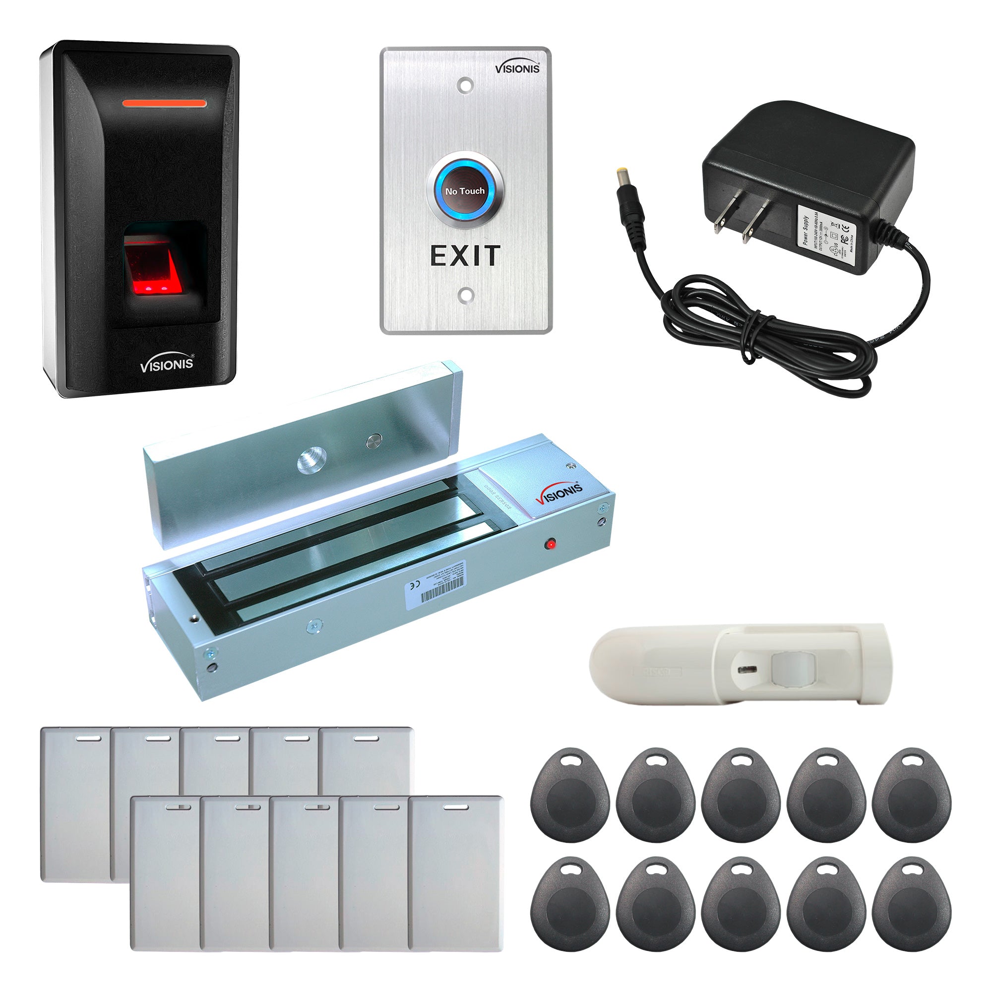 FPC-9248 1 Door Access Control Out Swinging Door 1200lbs Maglock + VIS-3031 Indoor Biometric Fingerprint Reader Standalone + Wiegand 26, No Software, 3000 EM Cards and Fingerprints + Motion Detector