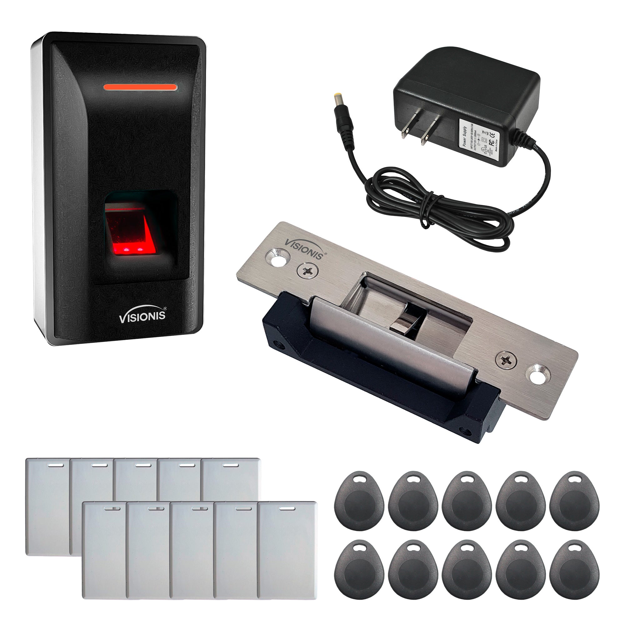 FPC-9258 – One Door Access Control With 770lbs Electric Door Strike + Indoor Biometric Fingerprint Reader Standalone + Wiegand 26 + Time and Attendance + Pack of 10 Proximity Cards and 10 Key Tags