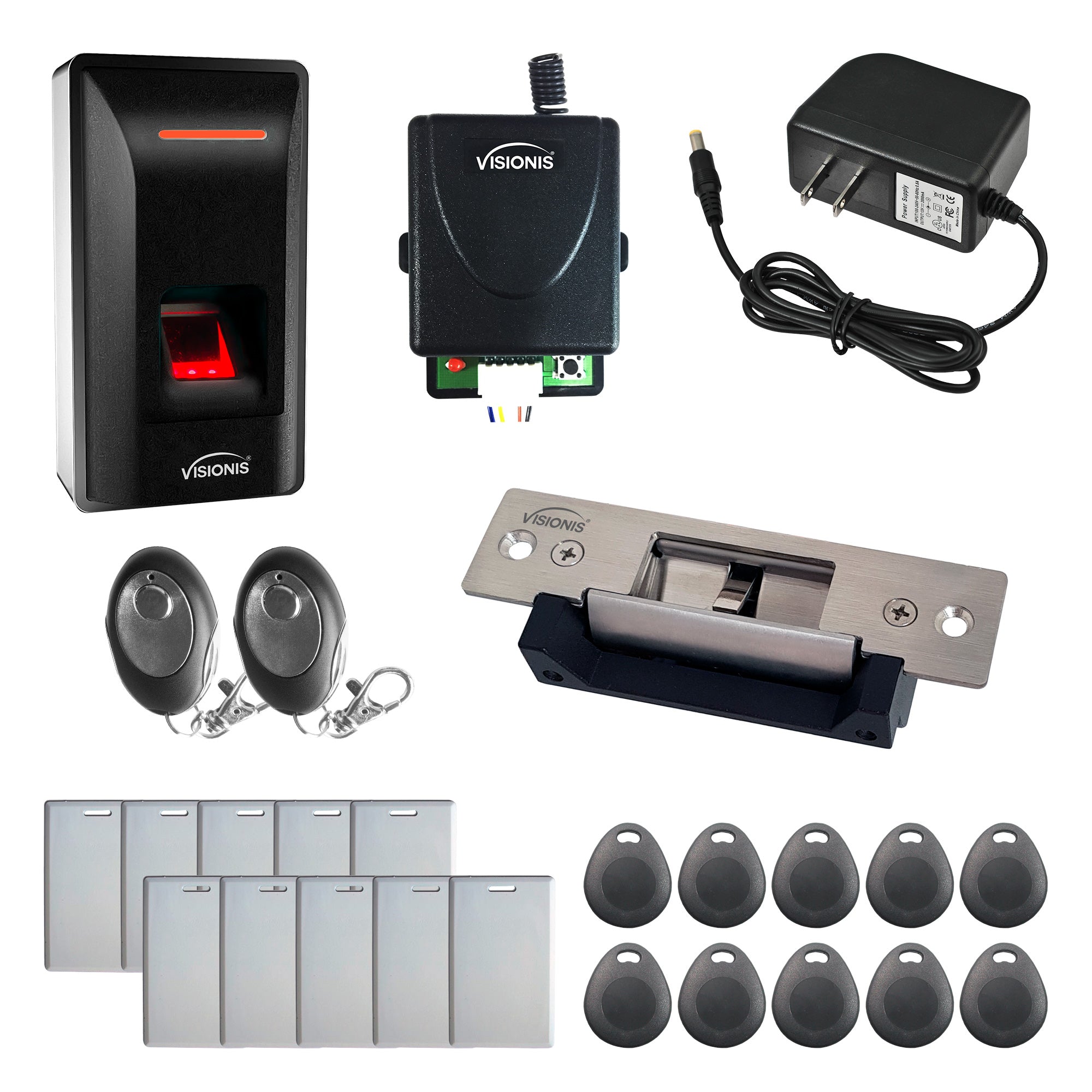 FPC-9259 – One Door Access Control With 770lbs Electric Door Strike + Indoor Biometric Fingerprint Reader Standalone + Wiegand 26 + TCP/IP + Time and Attendance + EM Cards + Wireless Receiver