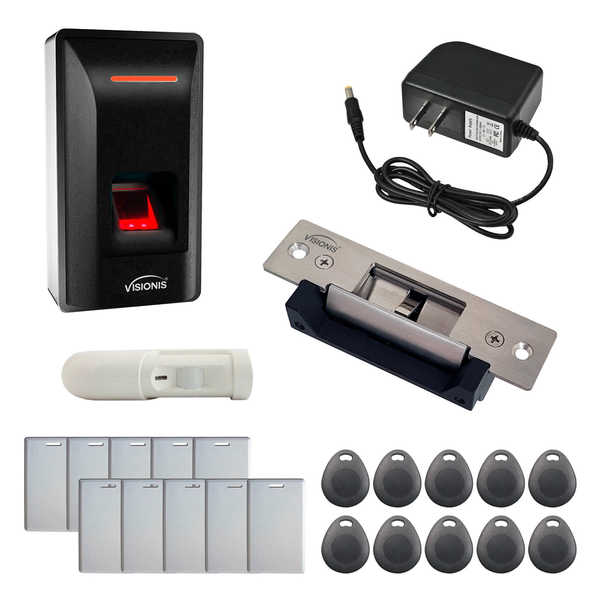 FPC-9260  – One Door Access Control With 770lbs Electric Door Strike + Indoor Biometric Fingerprint Reader Standalone + Wiegand 26 + TCP/IP + Time and Attendance + EM Cards + PIR Motion Detector