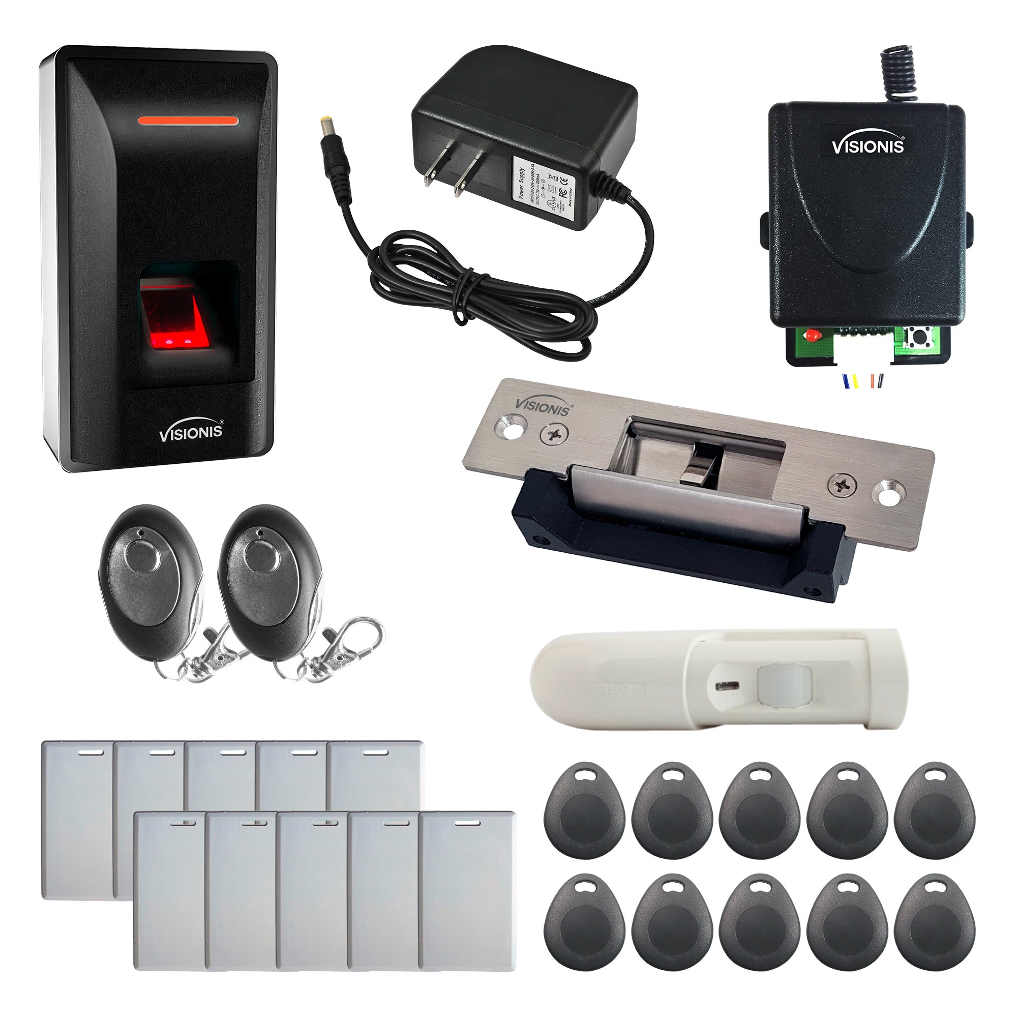 FPC-9261 – One Door Access Control With 770lbs Electric Door Strike + Indoor Biometric Fingerprint Reader Standalone + Wiegand 26 + Time and Attendance + Wireless Receiver + PIR Motion Detector