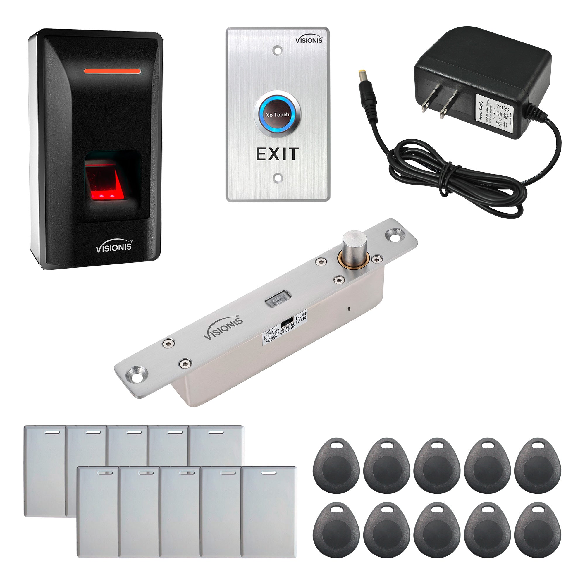 FPC-9262 – One Door Access Control With 2600lbs Electric Drop Bolt + Indoor Biometric Fingerprint Reader Standalone + Wiegand 26 + Time and Attendance + Pack of 10 Proximity Cards and 10 Key Tags