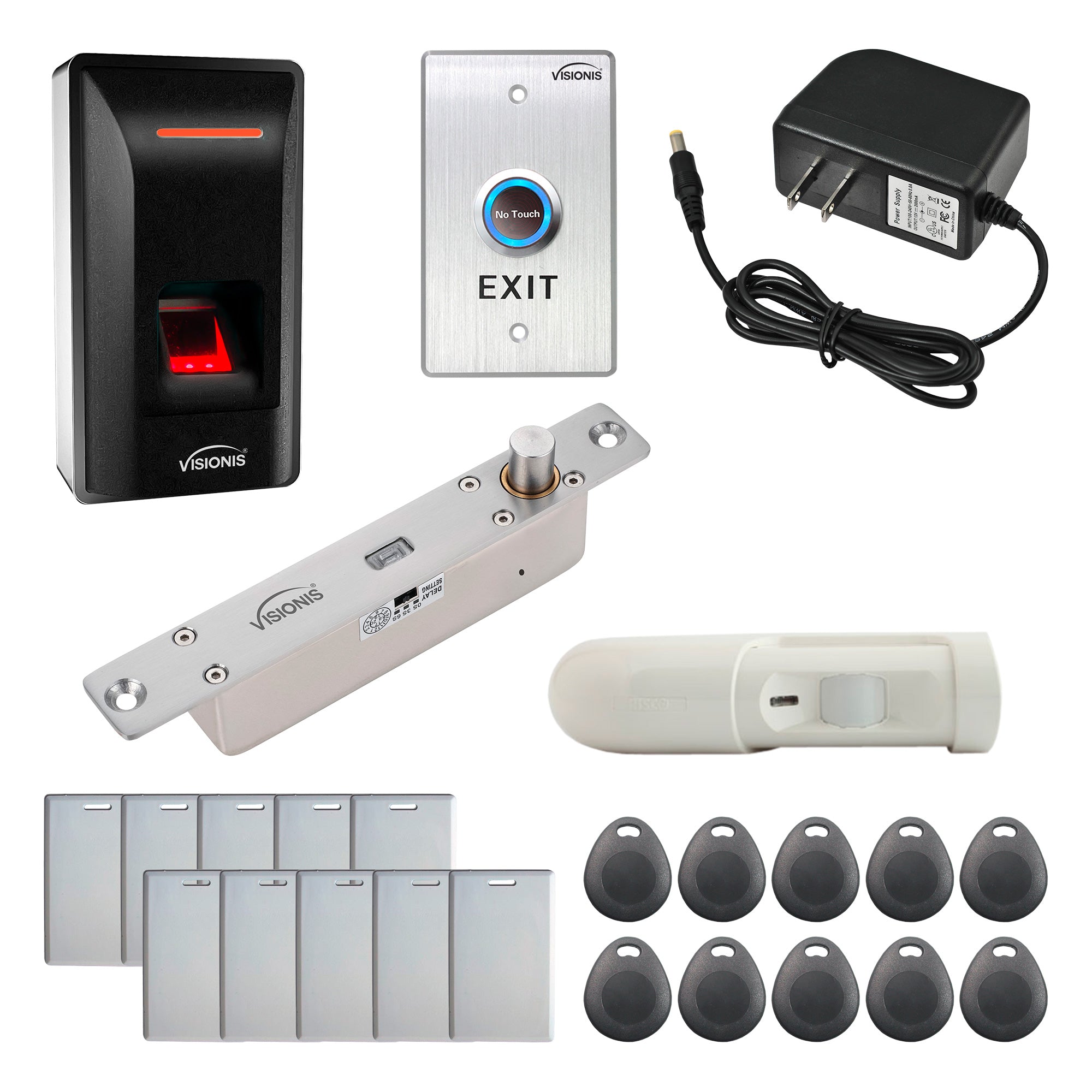 FPC-9264 – One Door Access Control With 2600lbs Electric Drop Bolt + Biometric Fingerprint Reader Standalone + Wiegand 26 + Time and Attendance + 3000 EM Cards or Fingerprints + PIR Motion Detector