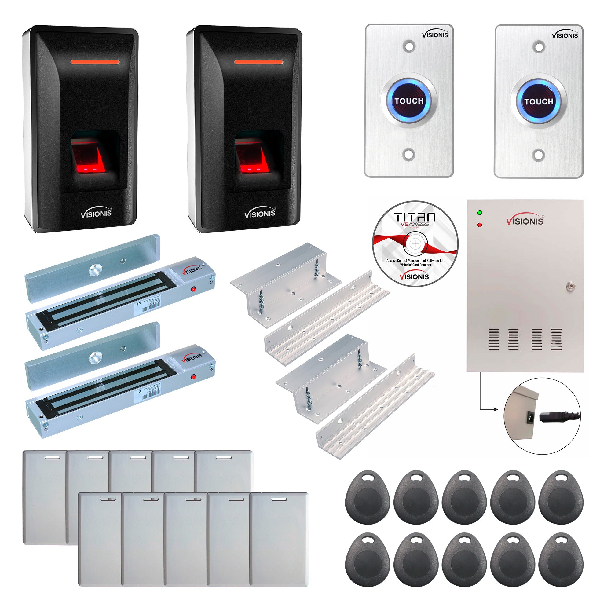 FPC-9269 2 Doors Access Control Inswinging Door 300lbs Maglock Time Attendance TCP/IP Wiegand Controller Box, Indoor Biometric Fingerprint Reader, EM Cards Compatible, Software Included, 20000 Users