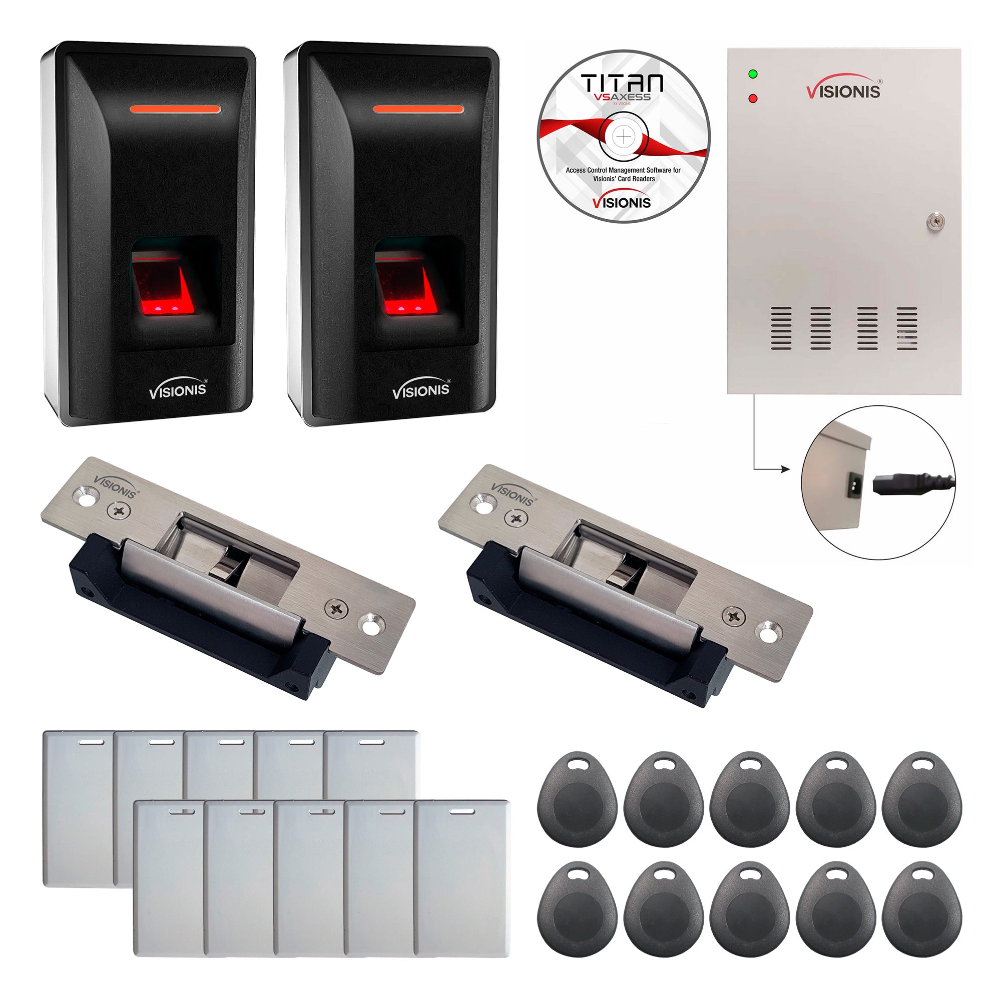 FPC-9285 Two Doors Access Control Electric Strike Fail Safe Fail Secure Time Attendance TCP/IP Wiegand Controller Box, Indoor Biometric Fingerprint Reader, EM Compatible, Software Included Kit