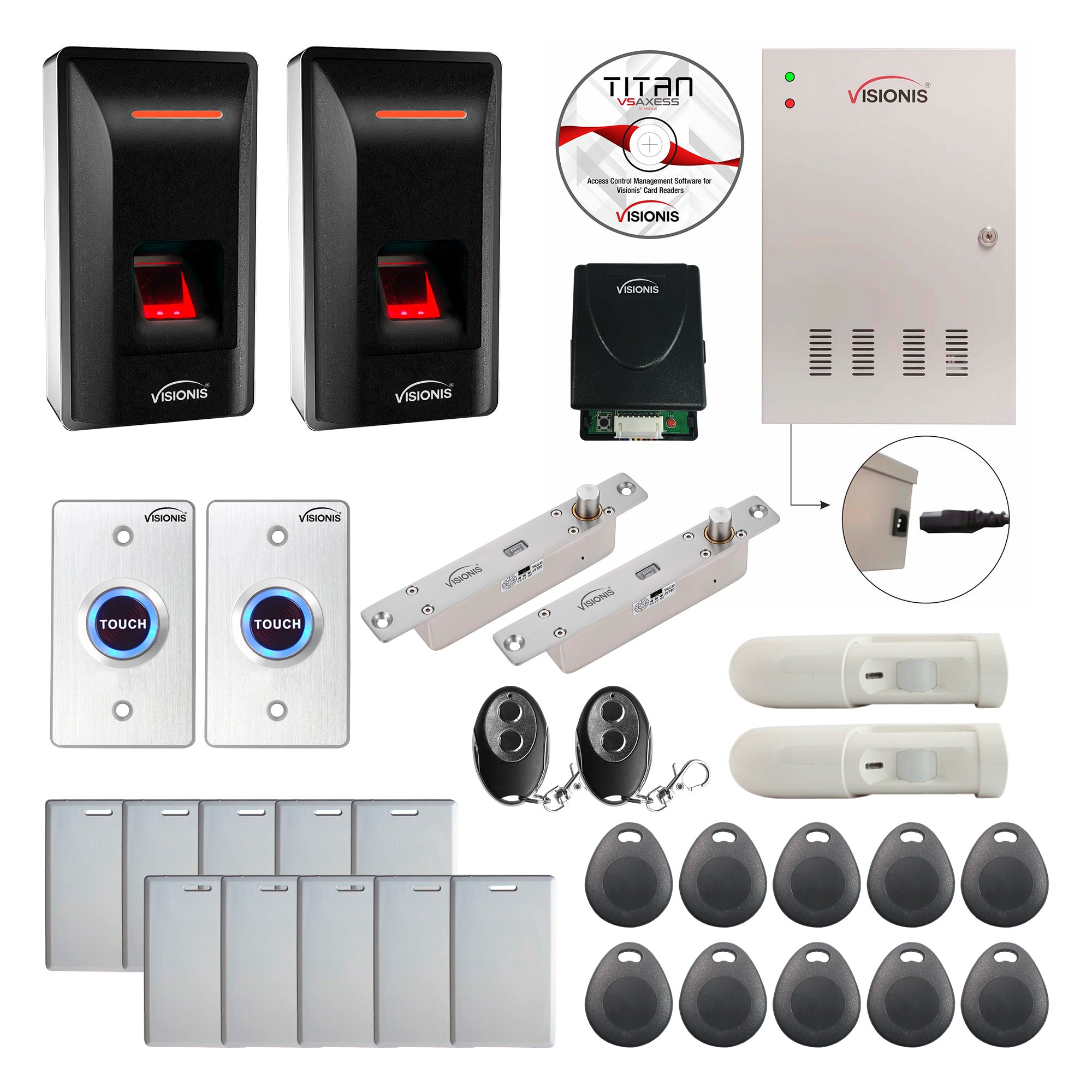 FPC-9288 2 Doors Access Control Electric Drop Bolt Fail Secure Time Attendance TCP/IP Wiegand Controller Box, Indoor Biometric Fingerprint Reader, EM Compatible, Software Included, Receiver, PIR Kit