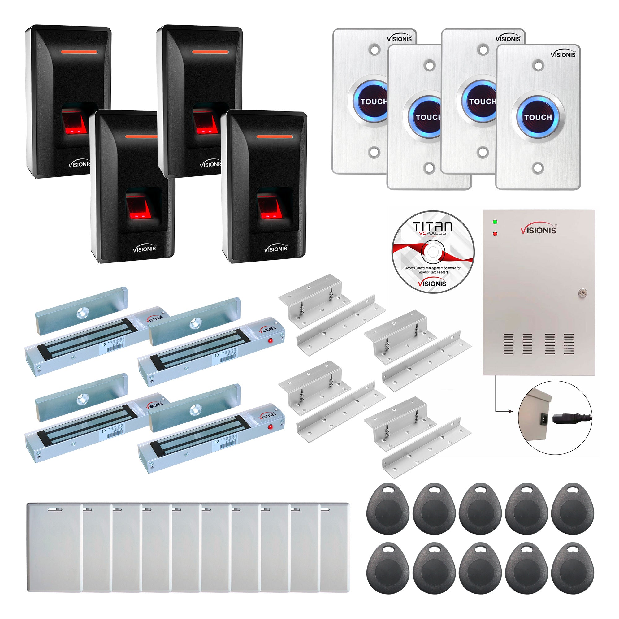 FPC-9293 4 Doors Access Control Inswinging Door 300lbs Mag Lock Time Attendance TCP/IP Wiegand Controller Box, Indoor Biometric Fingerprint Reader, EM Compatible, Software Included, 20000 Users Kit