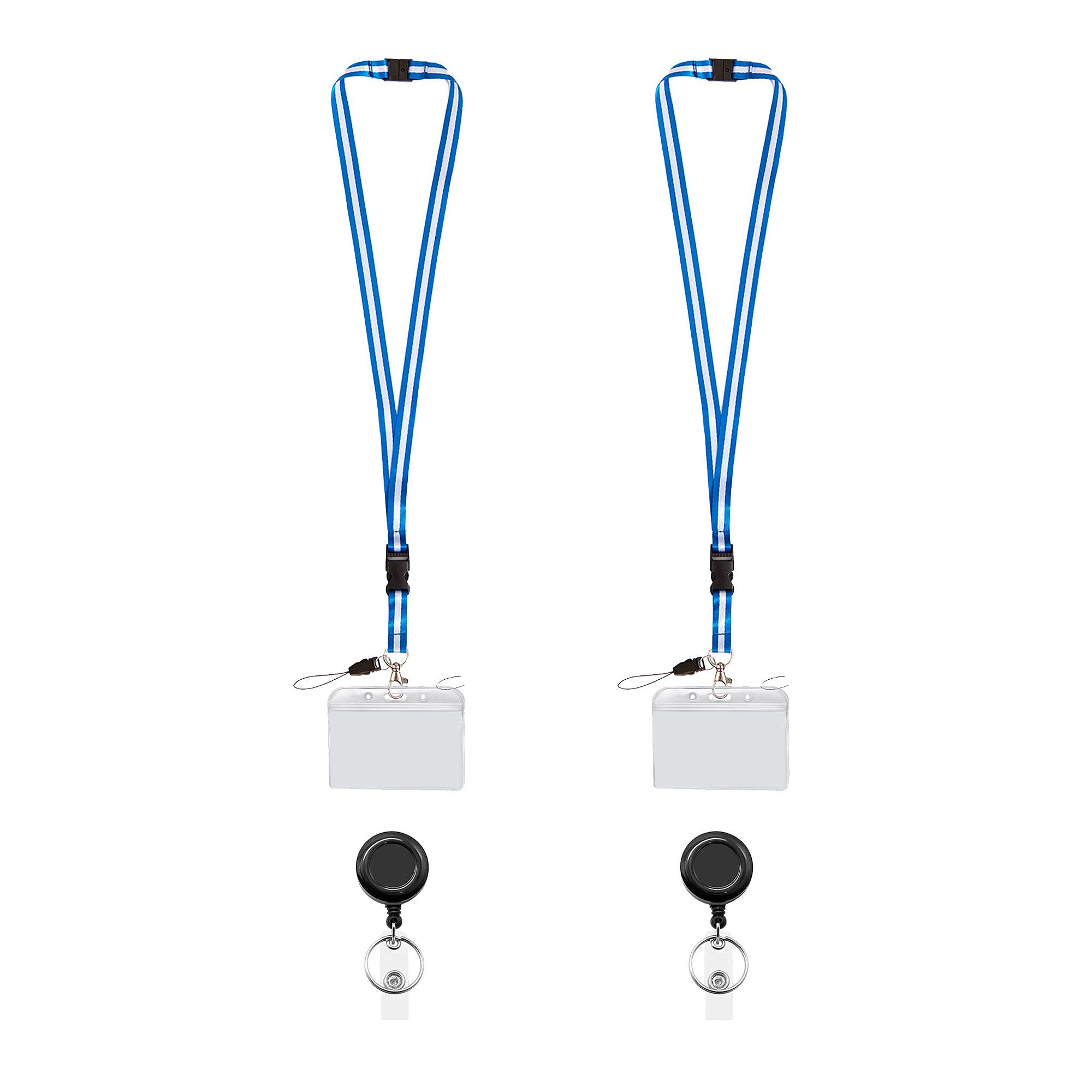 Visionis FPC-9407 Pack of 2 Blue and White Retractable Lanyard with Detachable Breakaway Clear Badge Holder and Keychain Clip Durable ID Neck Strap for Keys, Badges, and Access Control Cards