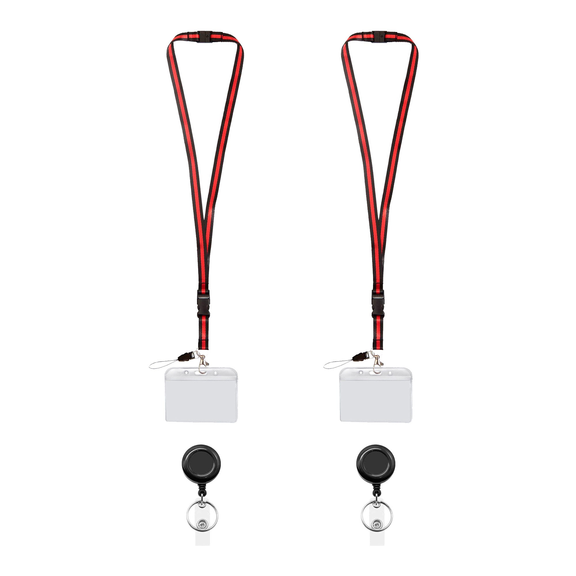 Visionis FPC-9410 Pack of 2 Red and Black Retractable Lanyard with Detachable Breakaway Clear Badge Holder and Keychain Clip Durable ID Neck Strap for Keys, Badges, and Access Control Cards