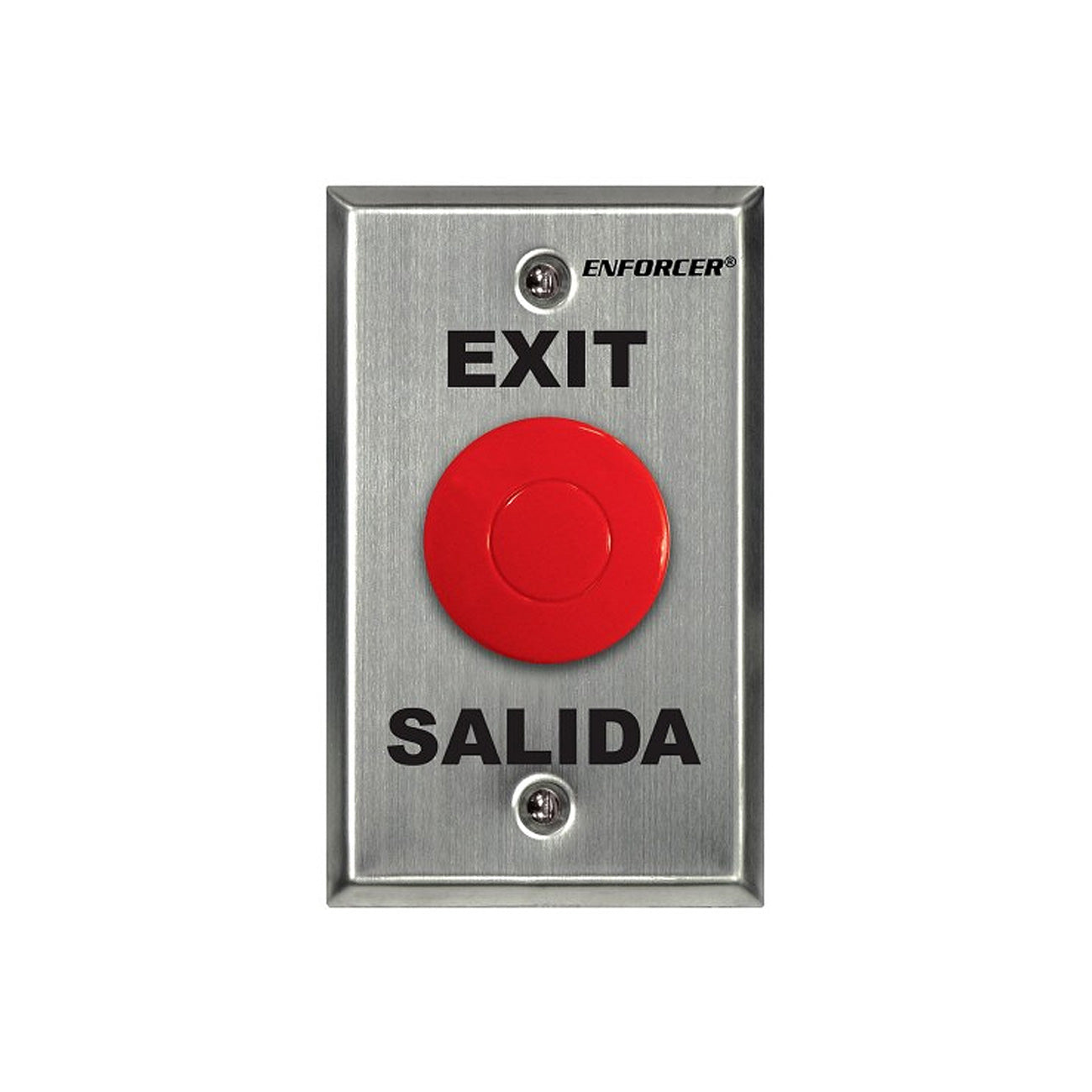 SD-7201RCPE1Q Seco-Larm ENFORCER Request-To-Exit Plate With Red Mushroom Cap Push Button, Stainless-Steel Face-Plate, “Exit” And “Salida” Silk-Screened On Plate