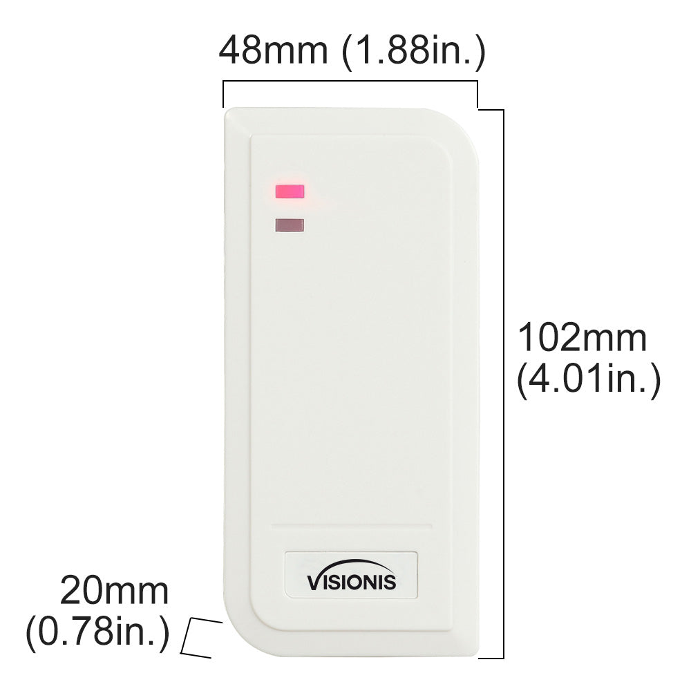 Dimensions Proximity card reader, Visionis VIS-3101, IP66-rated white access control reader for outdoor use