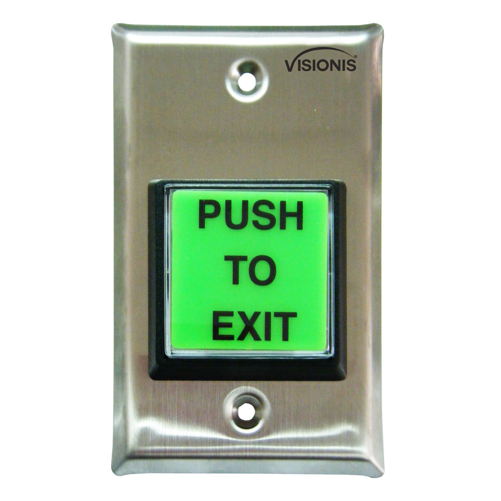 Visionis VIS-7000 push to exit button with stainless-steel faceplate and illuminated square design