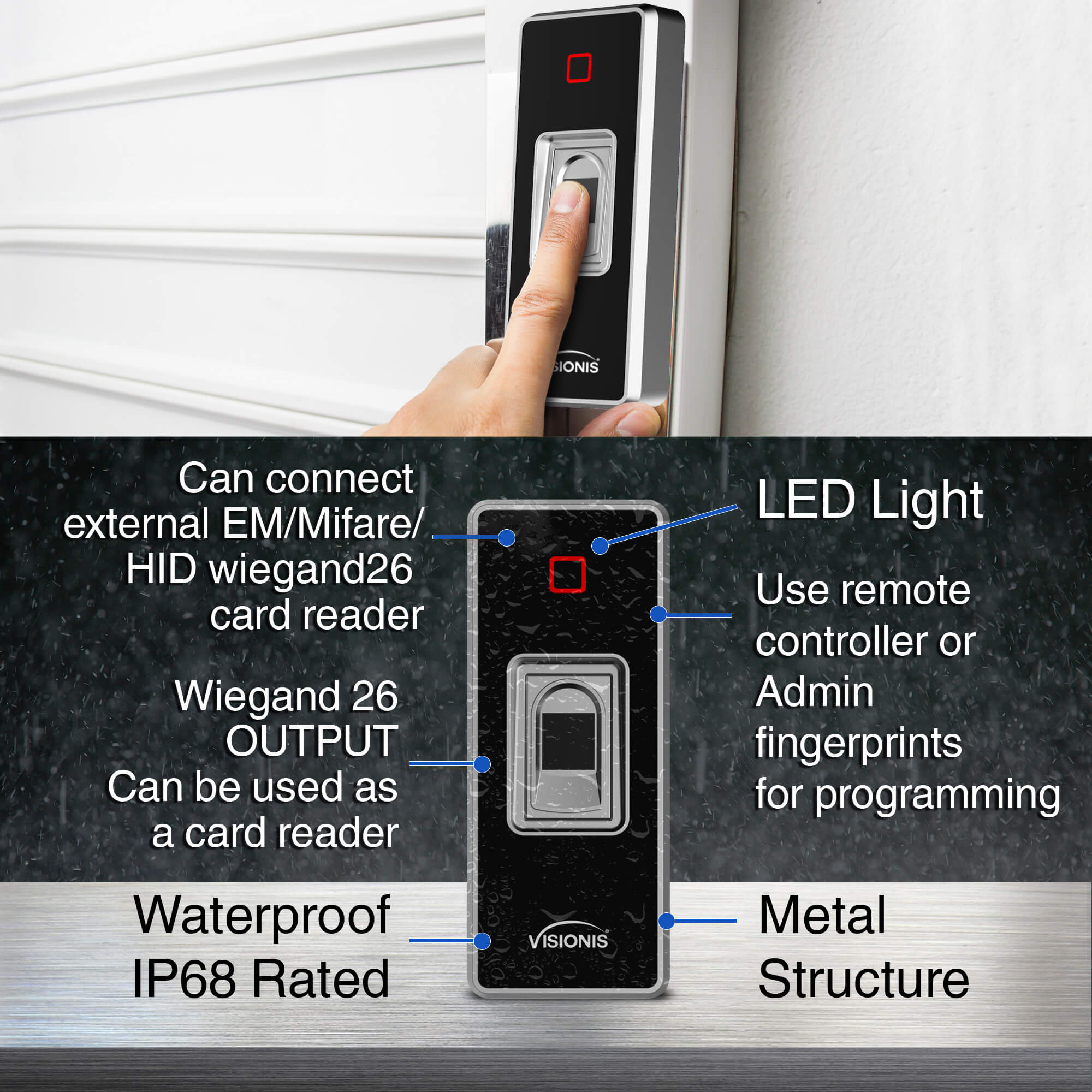 Visionis VIS-3024 biometric reader, standalone fingerprint access control, weatherproof and IP68-rated for outdoor use