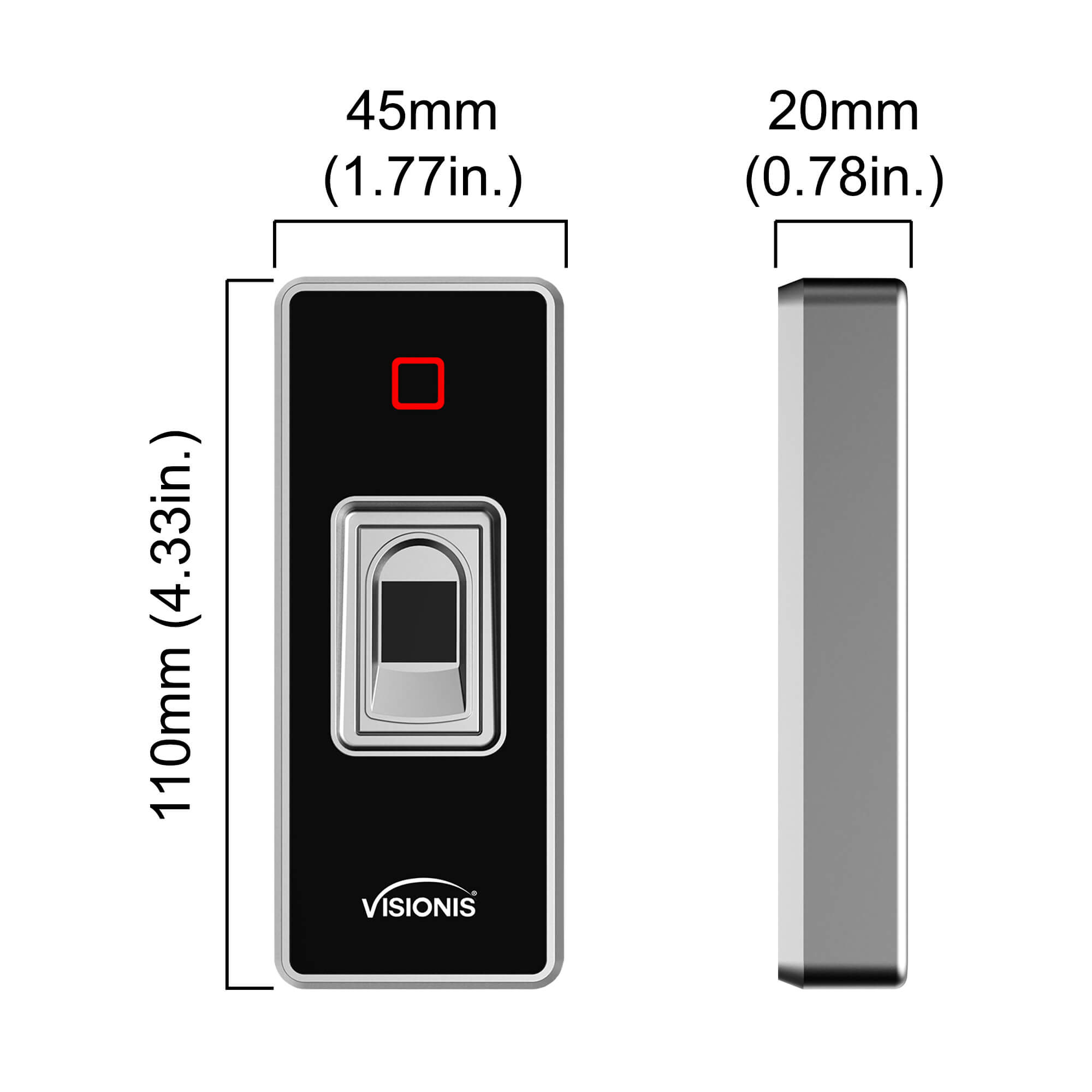 Dimensions Standalone fingerprint access control system, Visionis VIS-3024, biometric reader with mini controller and Wiegand 26