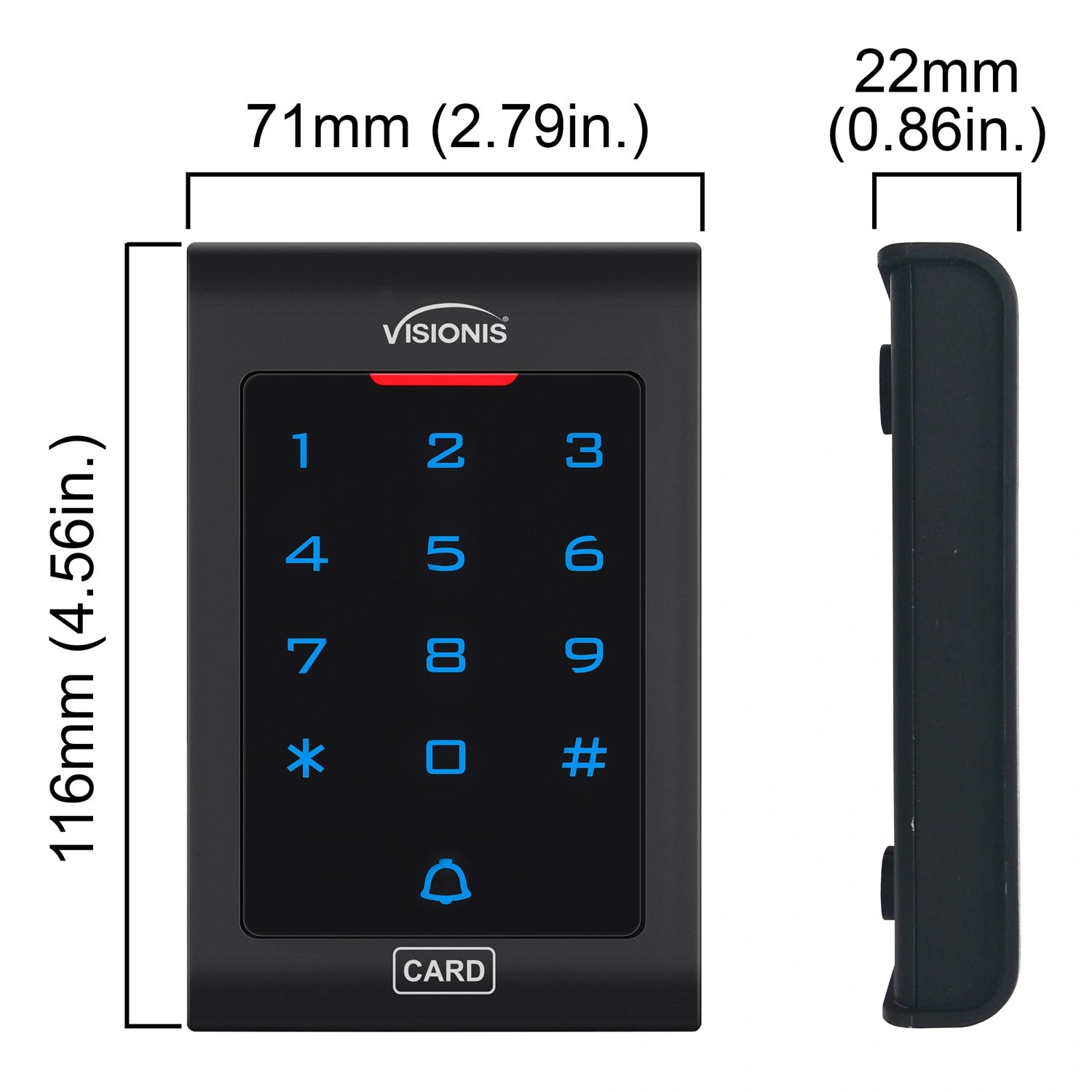 Dimensions Standalone access keypads, Visionis VIS-3002, indoor security, Wiegand 26, no software needed