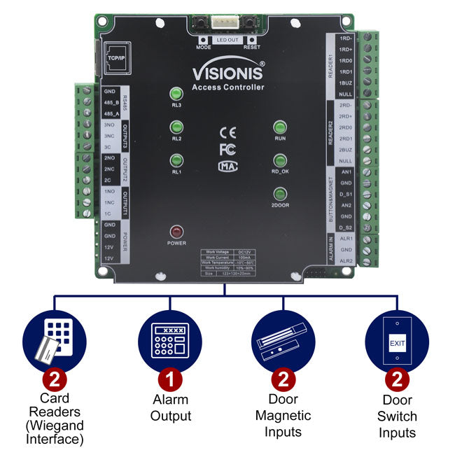 Visionis VS-AXESS-2D-DLX-PCB (Version 2.0) - Two Doors + Network Access Control PCB + Controller Board + TCP IP + Wiegand With Desktop Software + 20,000/70,000 User Record