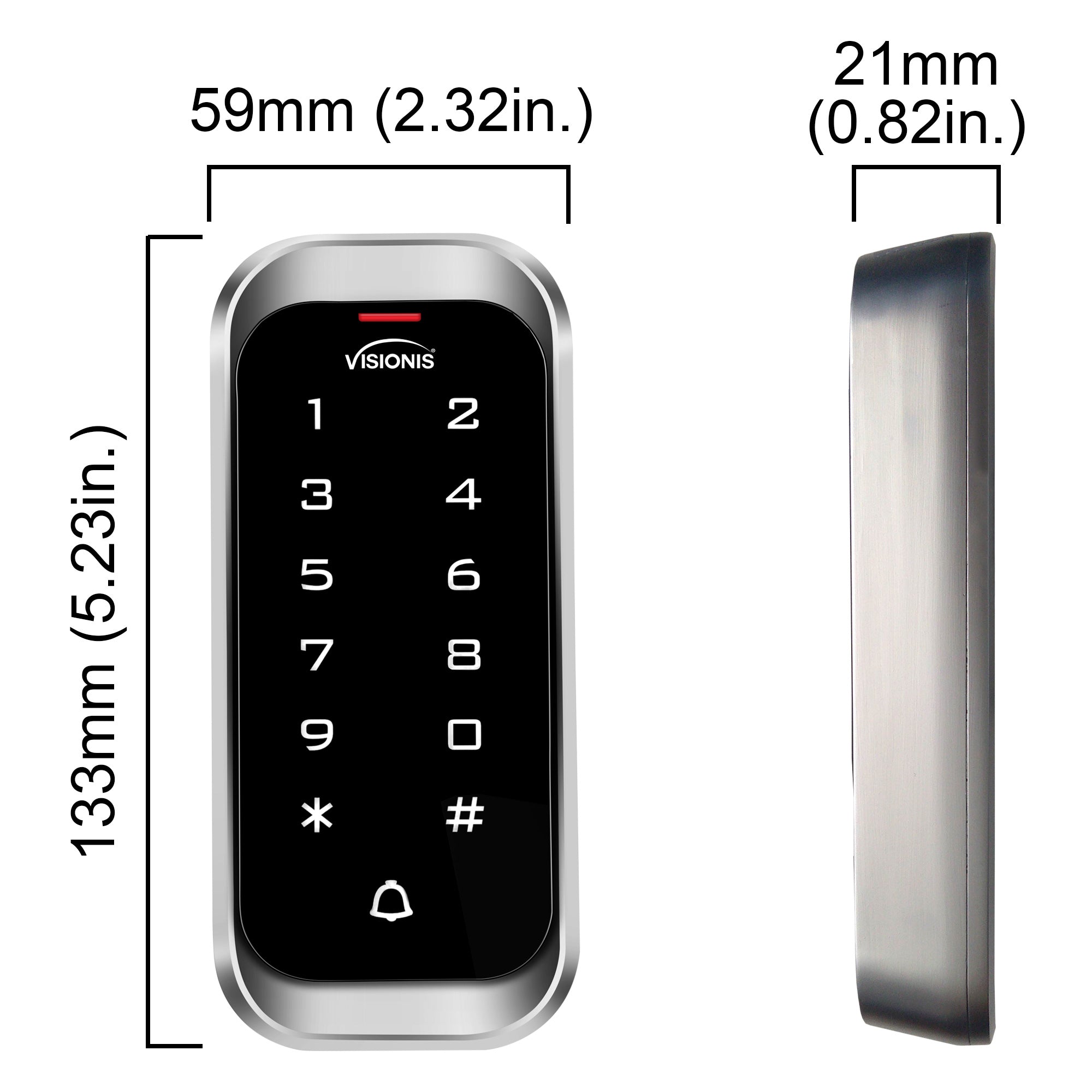 Dimensions Standalone access control keypad, Visionis VIS-3003, IP68-rated metal, outdoor and indoor use