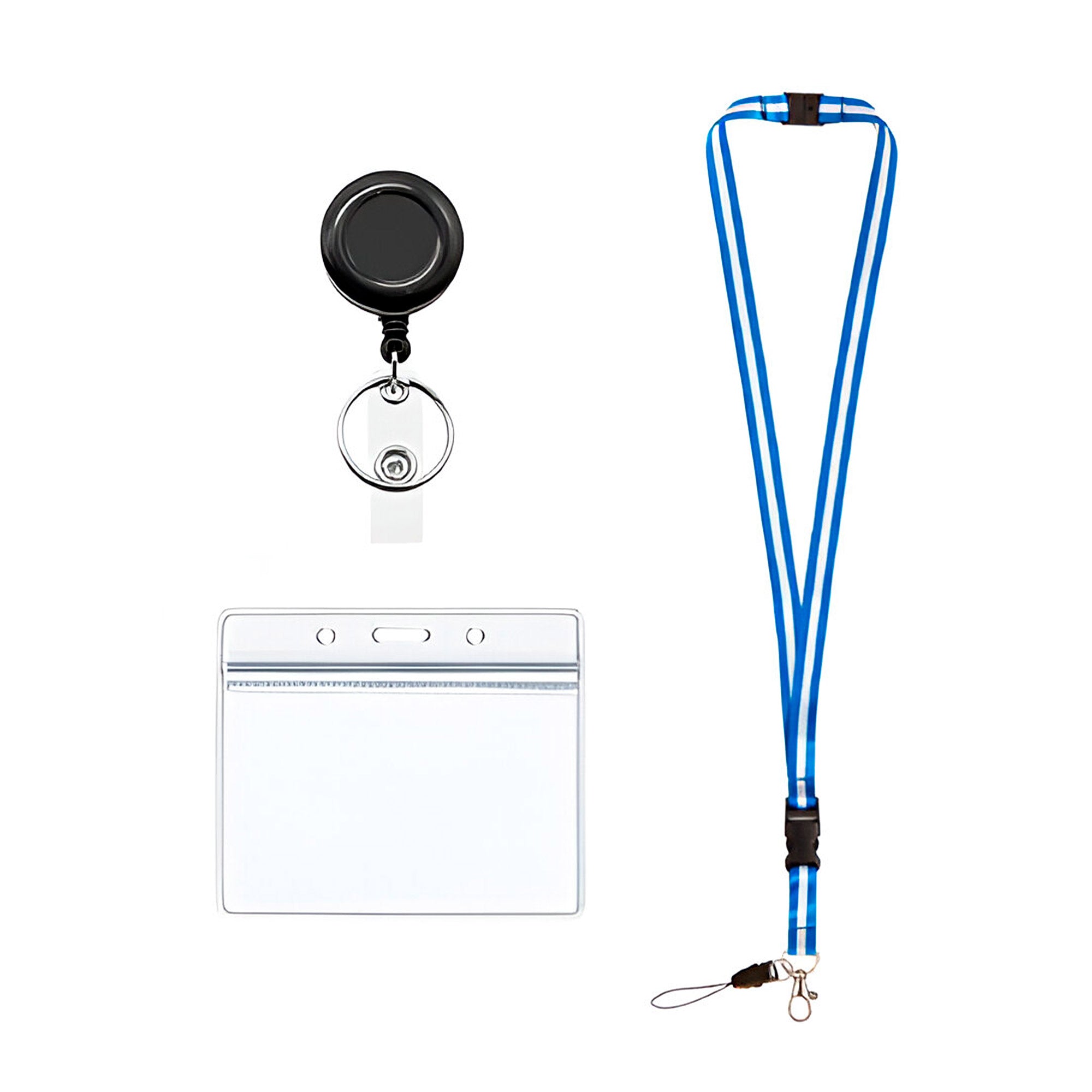 Visionis VIS-LAN/CHPB-BW Blue and White Retractable Lanyard with Detachable Breakaway Clear Badge Holder and Keychain Clip Durable ID Neck Strap for Keys, Badges, and Access Control Cards