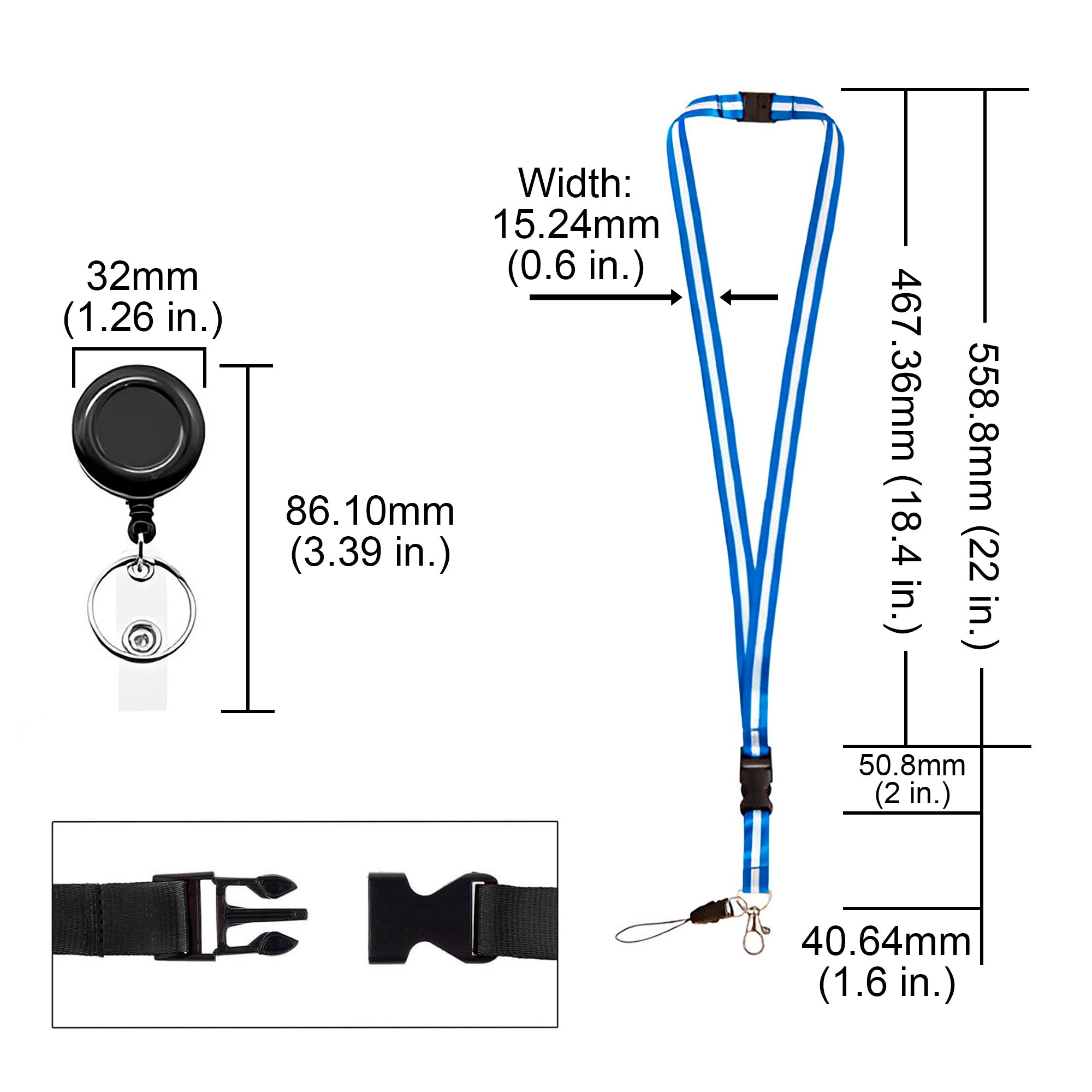 Visionis VIS-LAN/CHPB-BW Blue and White Retractable Lanyard with Detachable Breakaway Clear Badge Holder and Keychain Clip Durable ID Neck Strap for Keys, Badges, and Access Control Cards