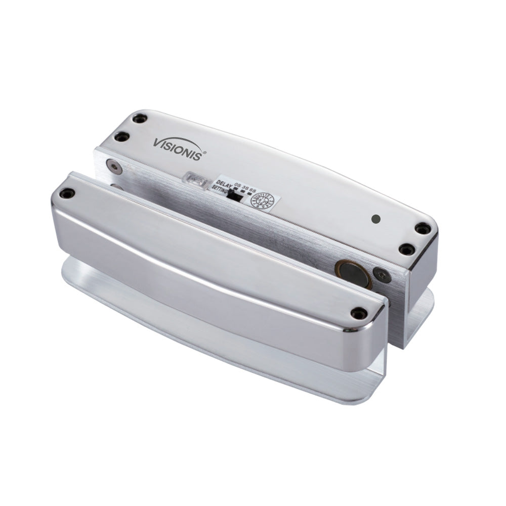 Electric drop bolt lock with 1700lb holding force, LED, and time delay for frameless glass doors. VIS-DP105GD-FSA-LED VISIONIS