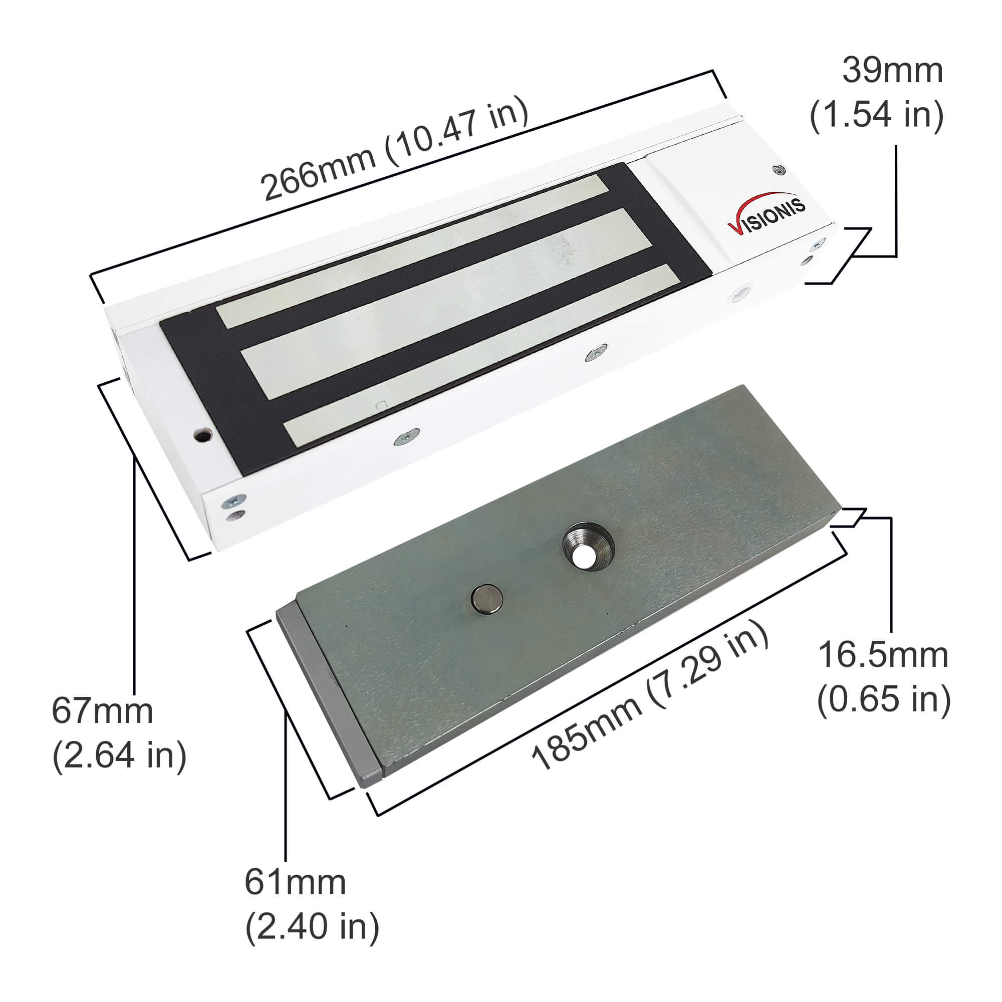 Indoor Maglock 1200 lbs DIMENSIONS -White Color VIS-ML1200LED-WH Visionis