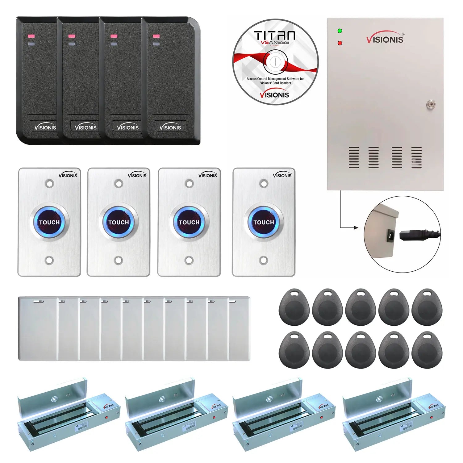 Visionis FPC-6207 Four Doors Access Control TCP/IP Wiegand For Out Swing Door Electric 1200lbs Mag Lock Controller Box + Indoor/Outdoor Card Reader + Software Included + 20,000 Users Kit